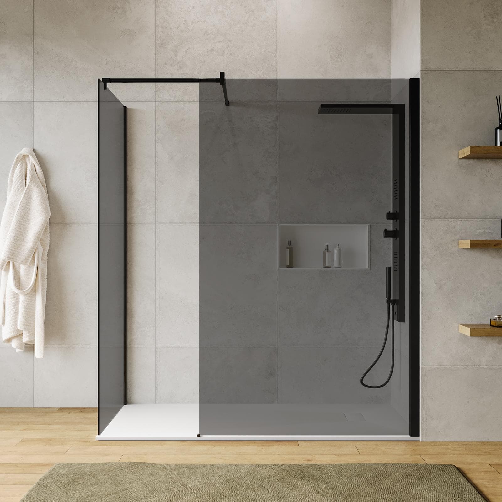 Box doccia walk-in due lati 70x120 con vetro anticalcare fumè e profilo nero opaco 200h - Keep