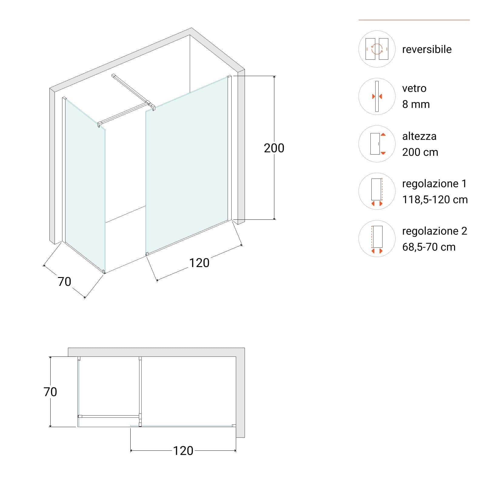 Box doccia walk-in due lati 70x120 con vetro anticalcare trasparente e profilo nero opaco 200h - Keep