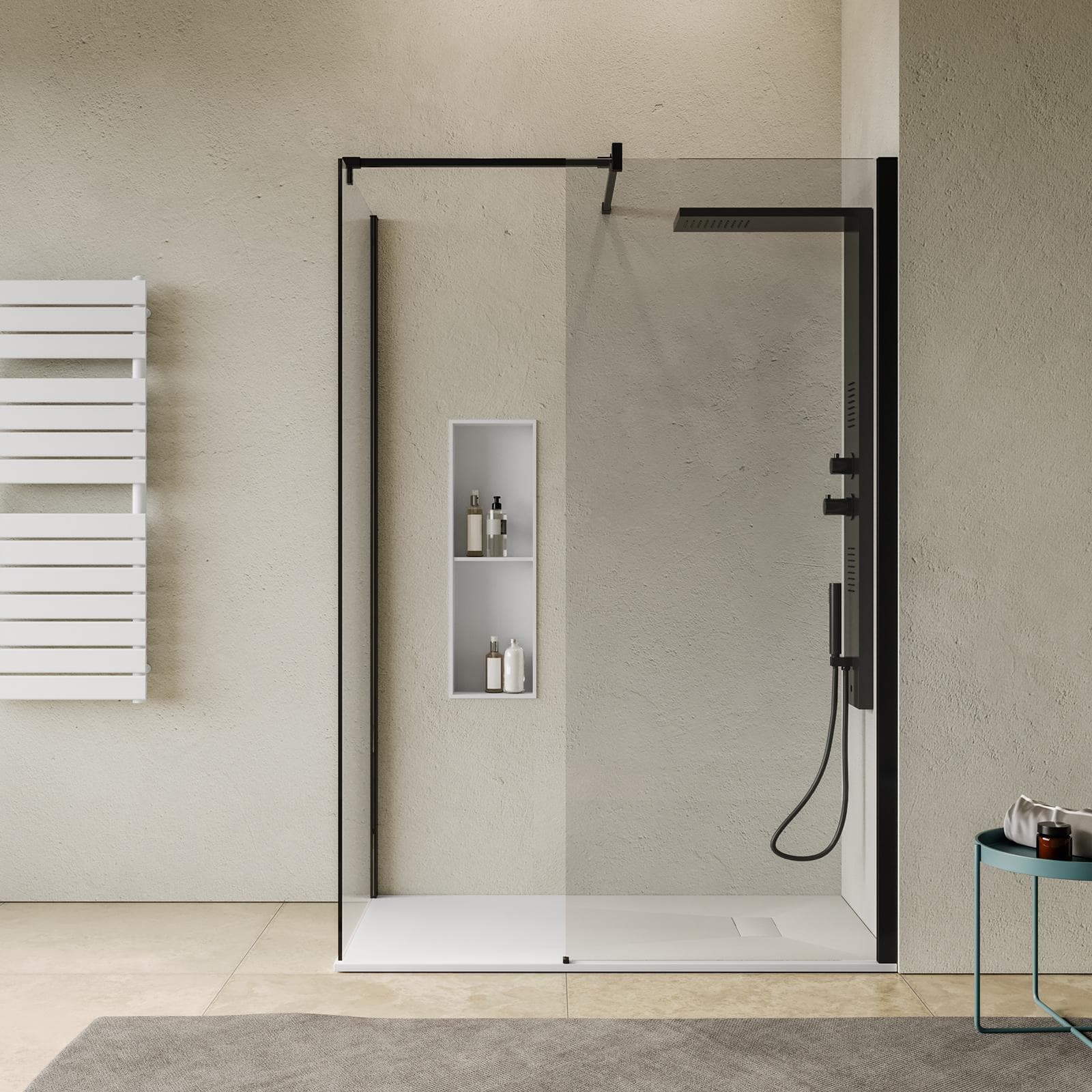 Box doccia walk-in due lati 70x80 con vetro anticalcare trasparente e profilo nero opaco 200h - Keep