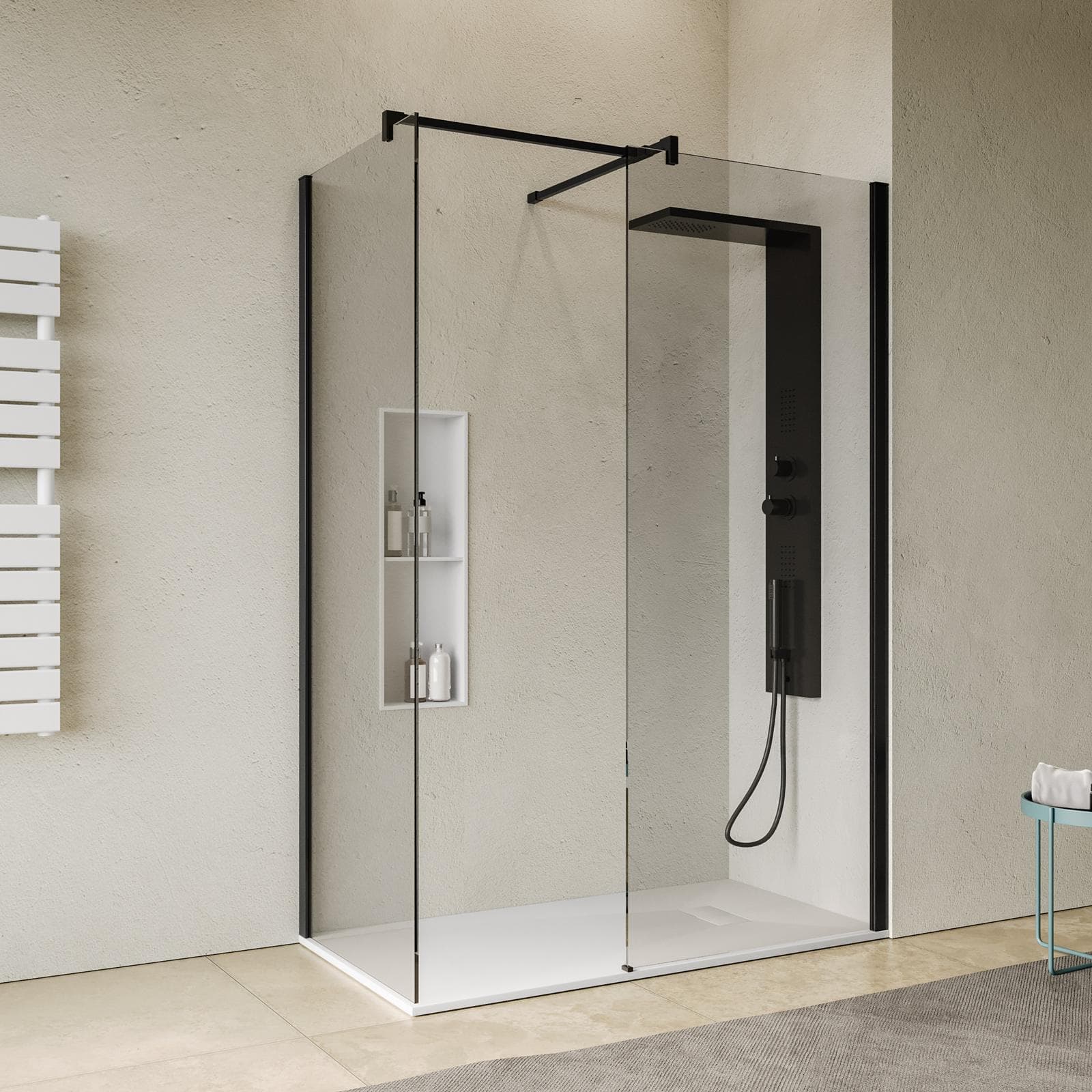 Box doccia walk-in due lati 70x90 con vetro anticalcare trasparente e profilo nero opaco 200h - Keep