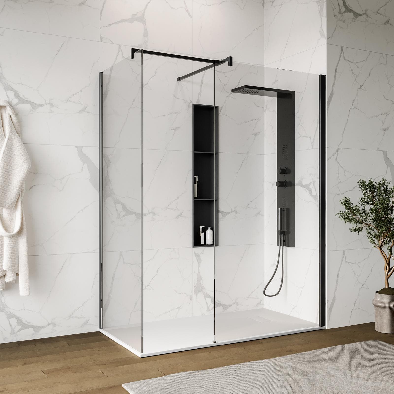 Box doccia walk-in due lati 80x100 con vetro anticalcare trasparente e profilo nero opaco 200h - Keep