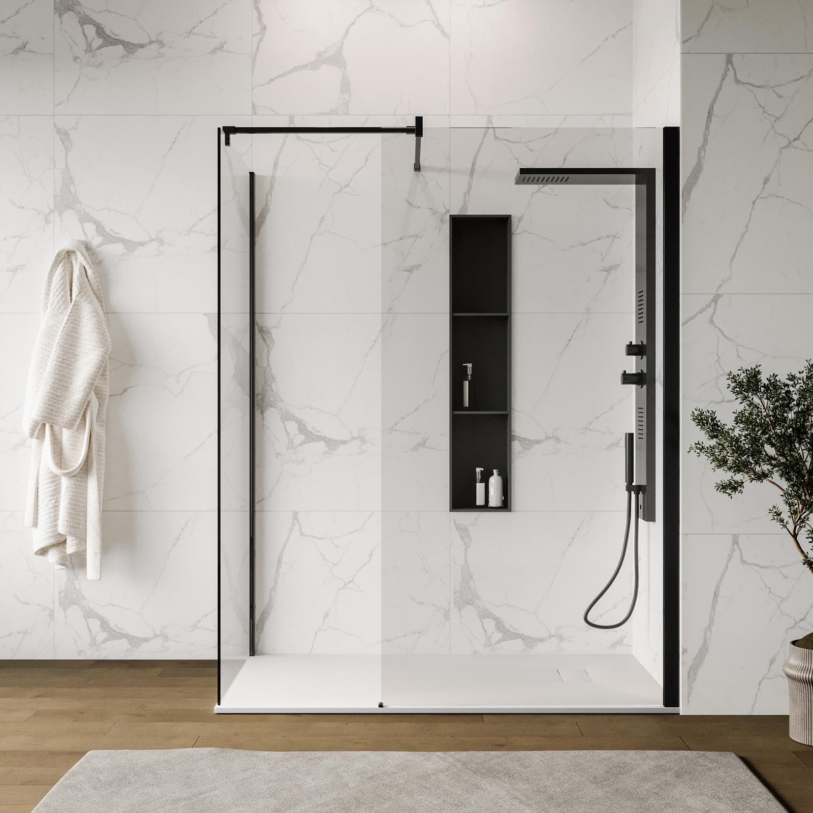 Box doccia walk-in due lati 80x110 con vetro anticalcare trasparente e profilo nero opaco 200h - Keep