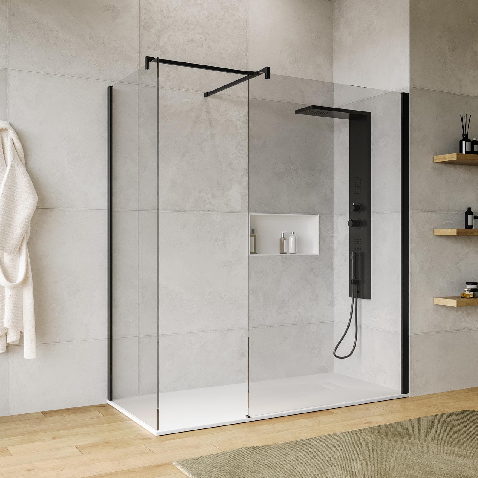 Box doccia walk-in due lati 80x120 con vetro anticalcare trasparente e profilo nero opaco 200h - Keep