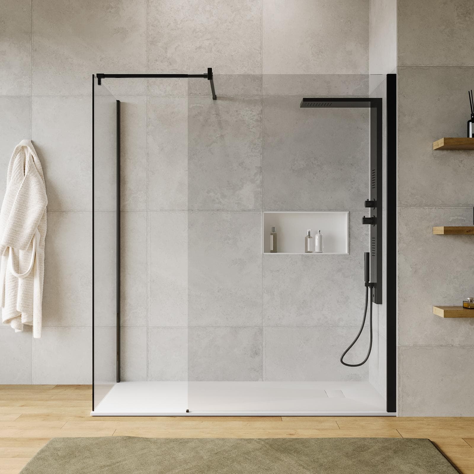 Box doccia walk-in due lati 80x120 con vetro anticalcare trasparente e profilo nero opaco 200h - Keep