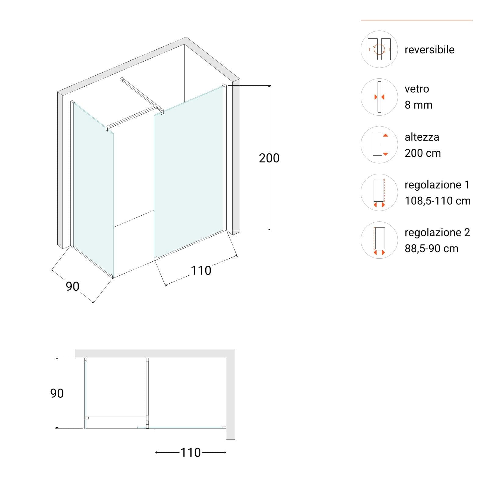 Box doccia walk-in due lati 90x110 con vetro anticalcare trasparente e profilo nero opaco 200h - Keep
