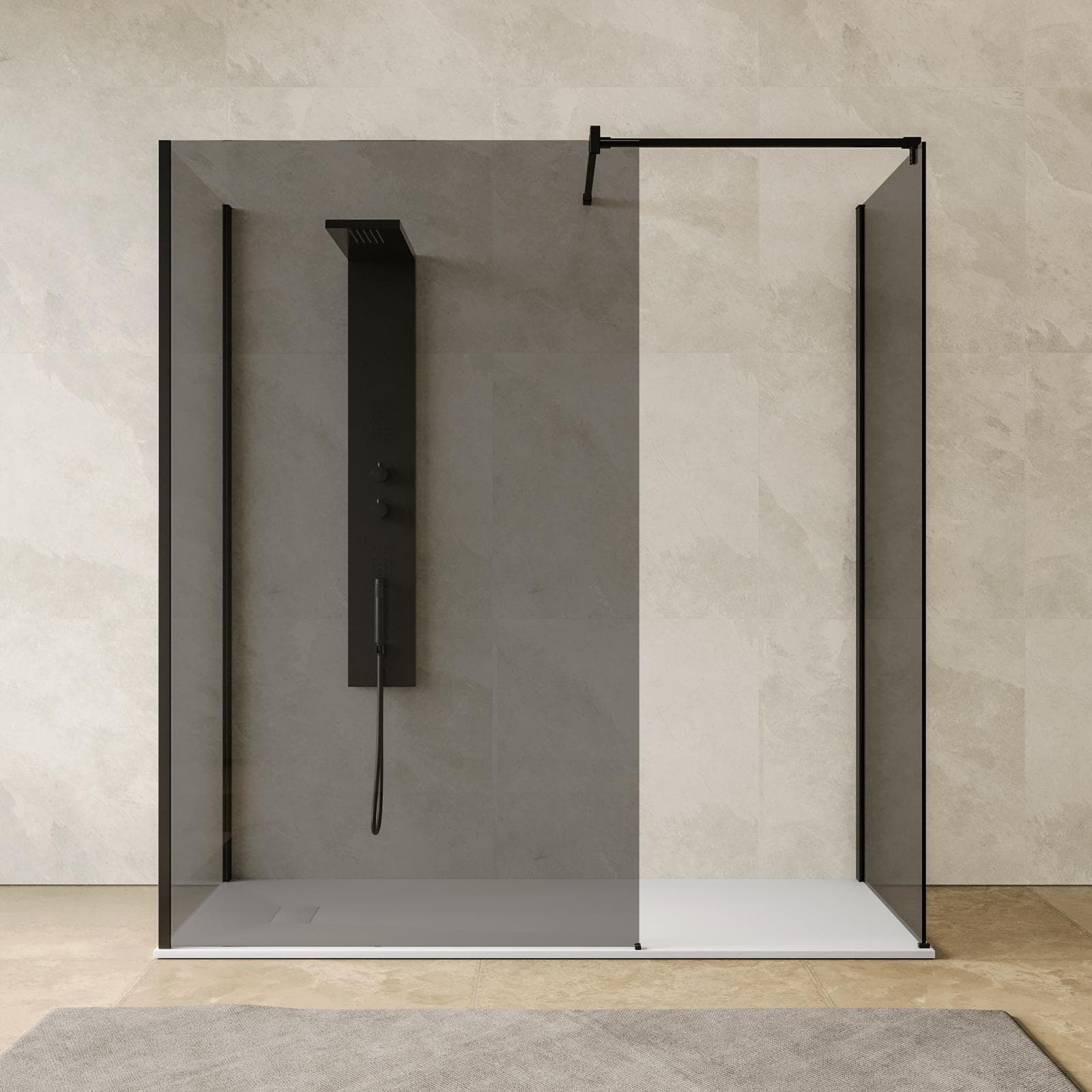 Box doccia walk-in tre lati 70x120x70 con vetro anticalcare fumè e profilo nero opaco 200h - Keep