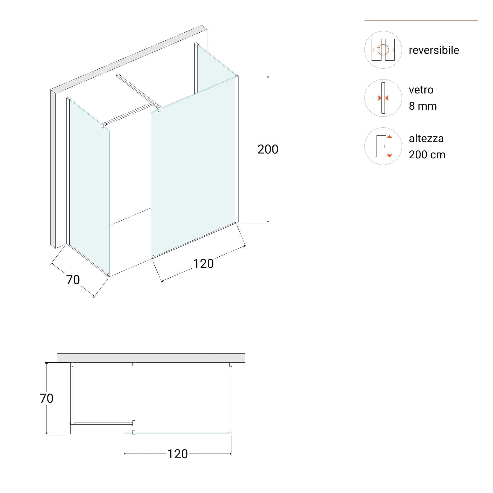 Box doccia walk-in tre lati 70x120x70 con vetro anticalcare fumè e profilo nero opaco 200h - Keep