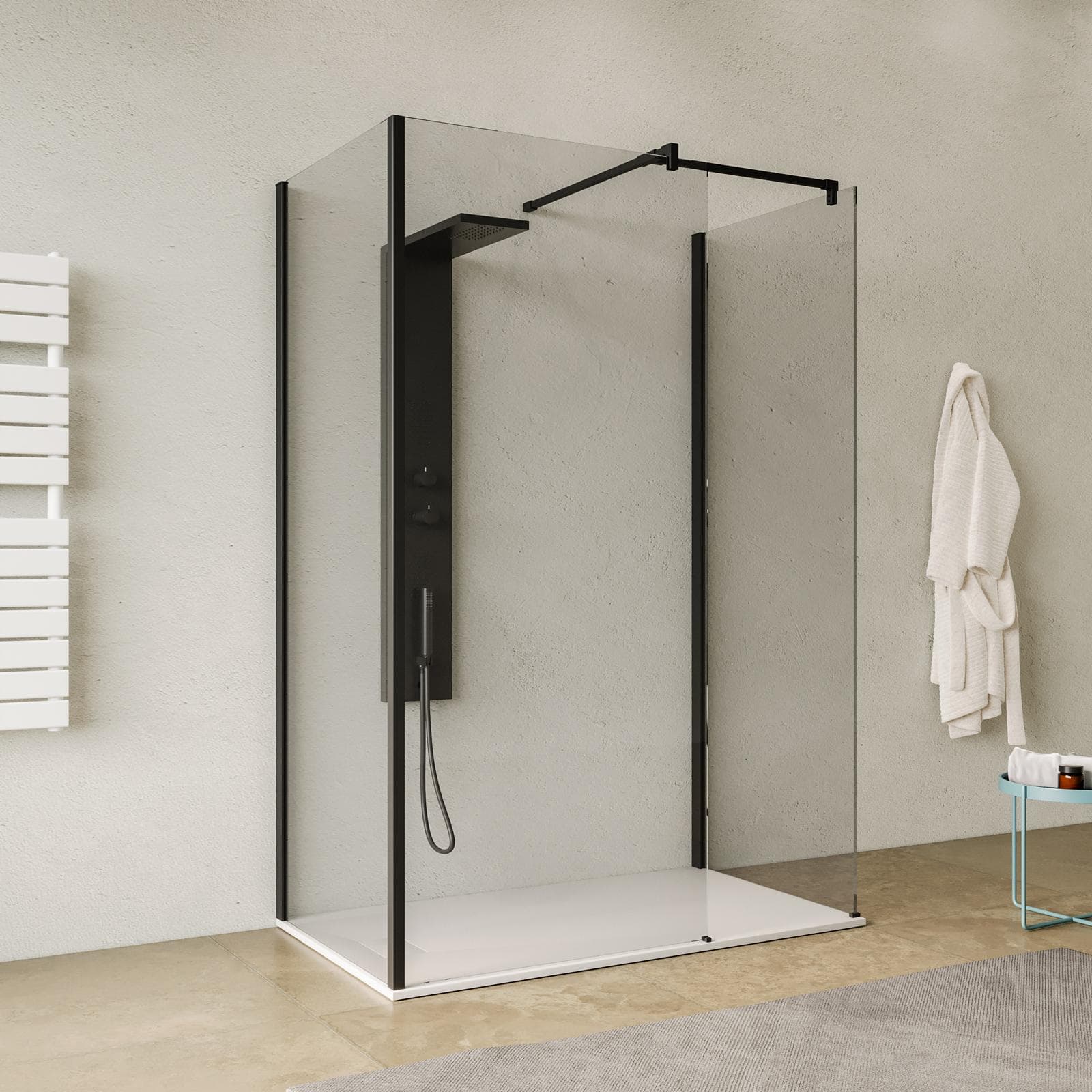 Box doccia walk-in tre lati 80x90x80 con vetro anticalcare trasparente e profilo nero opaco 200h - Keep