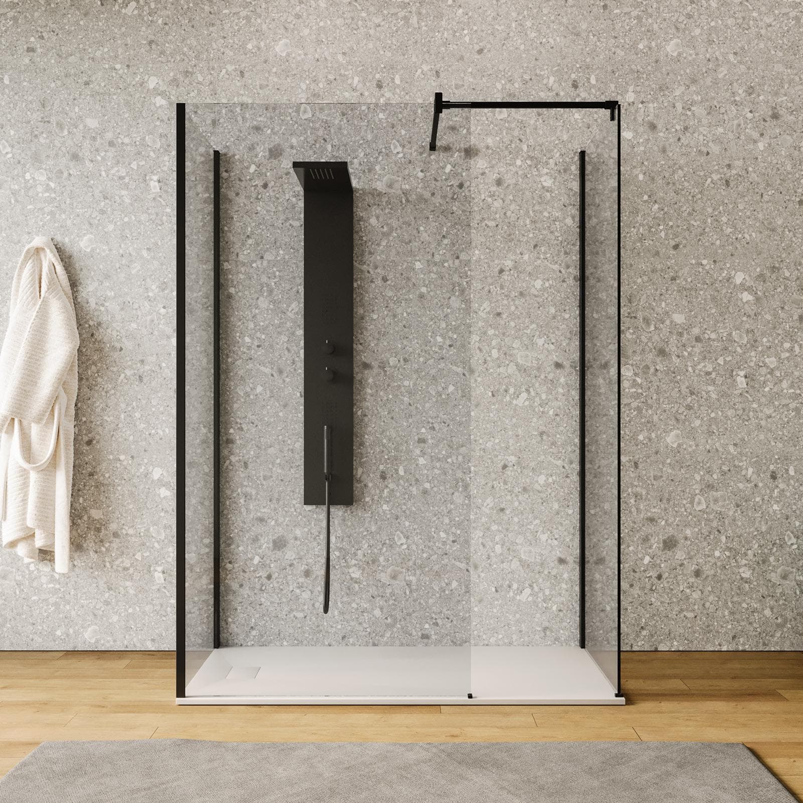 Box doccia walk-in tre lati 90x100x90 con vetro anticalcare trasparente e profilo nero opaco 200h - Keep