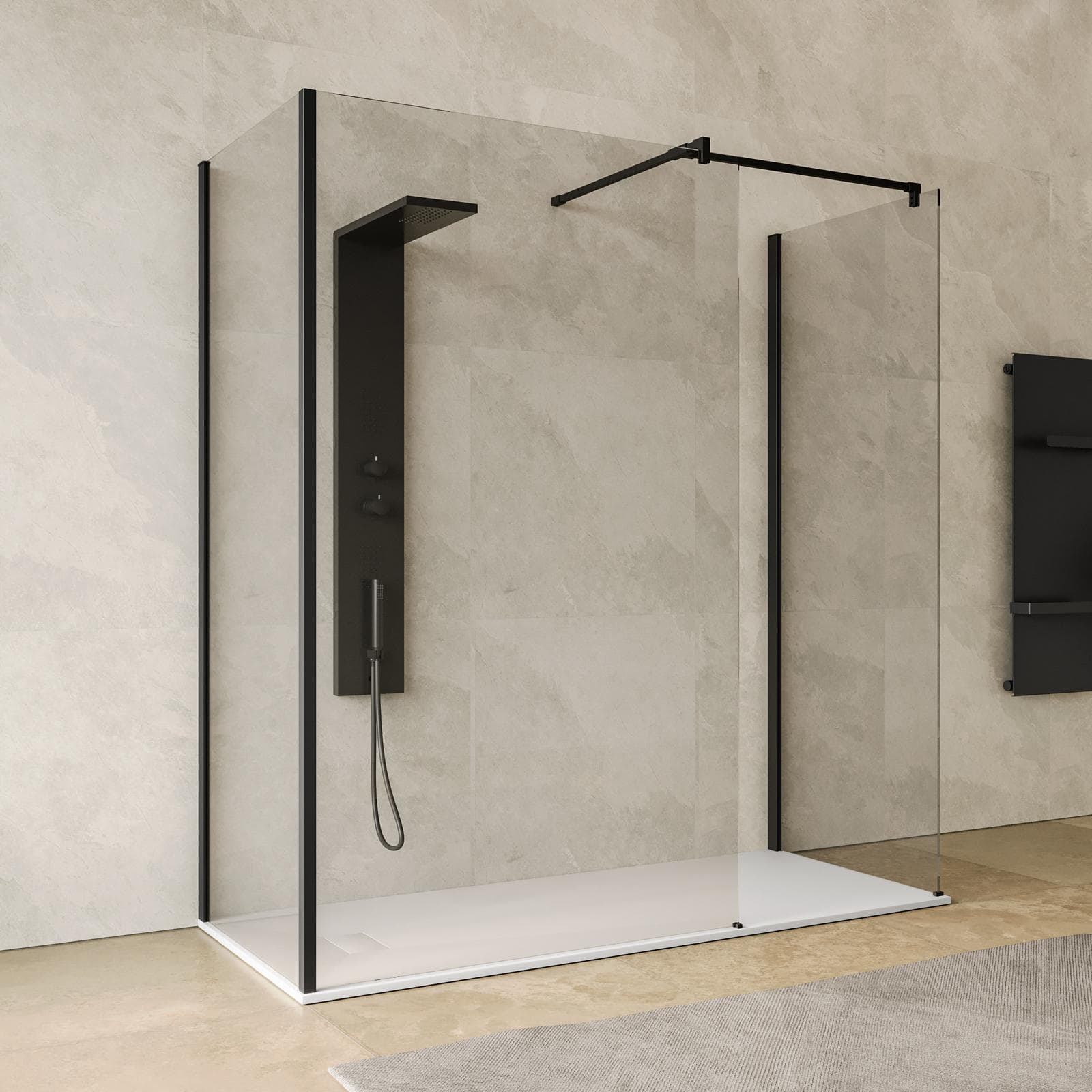 Box doccia walk-in tre lati 90x120x90 con vetro anticalcare trasparente e profilo nero opaco 200h - Keep