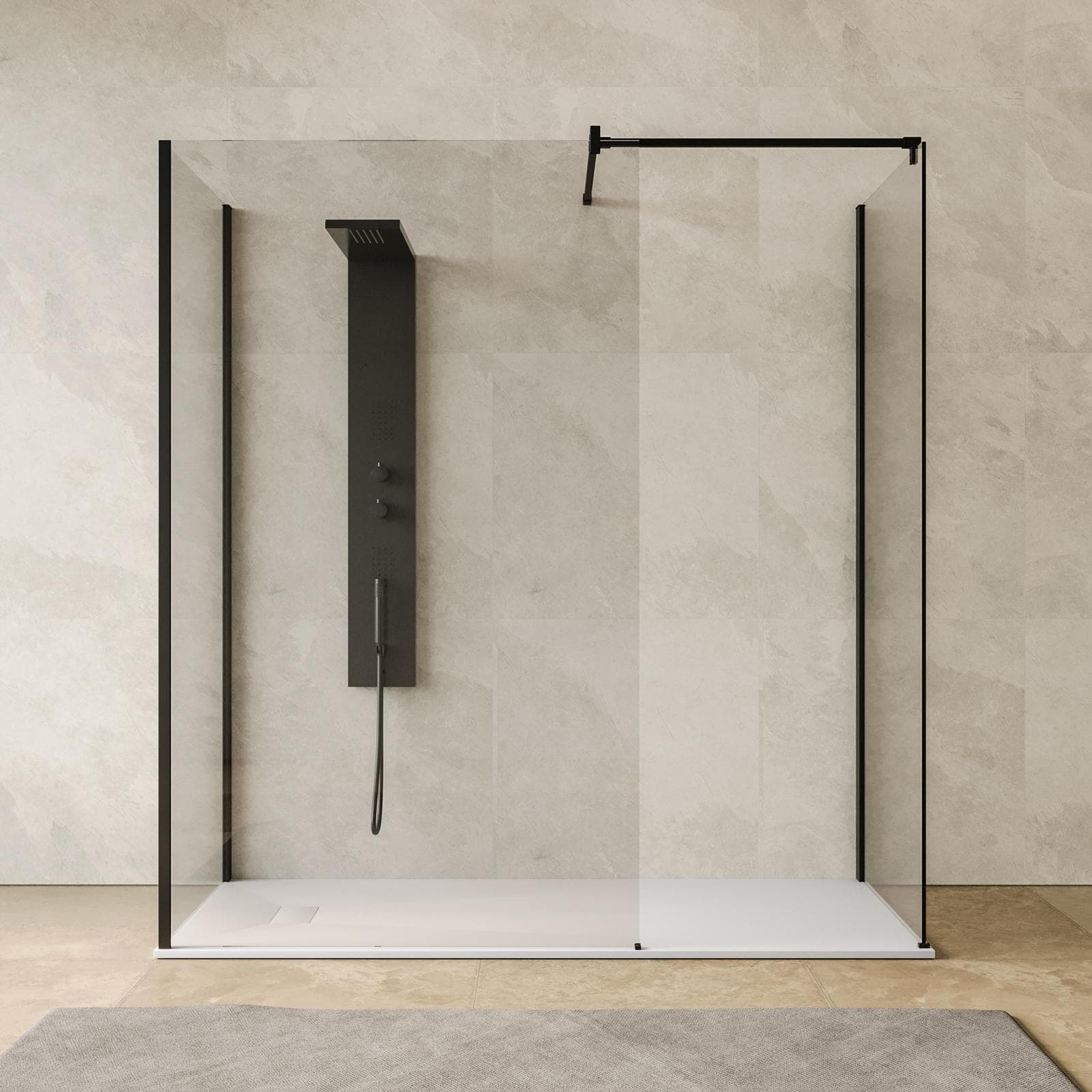 Box doccia walk-in tre lati 90x120x90 con vetro anticalcare trasparente e profilo nero opaco 200h - Keep