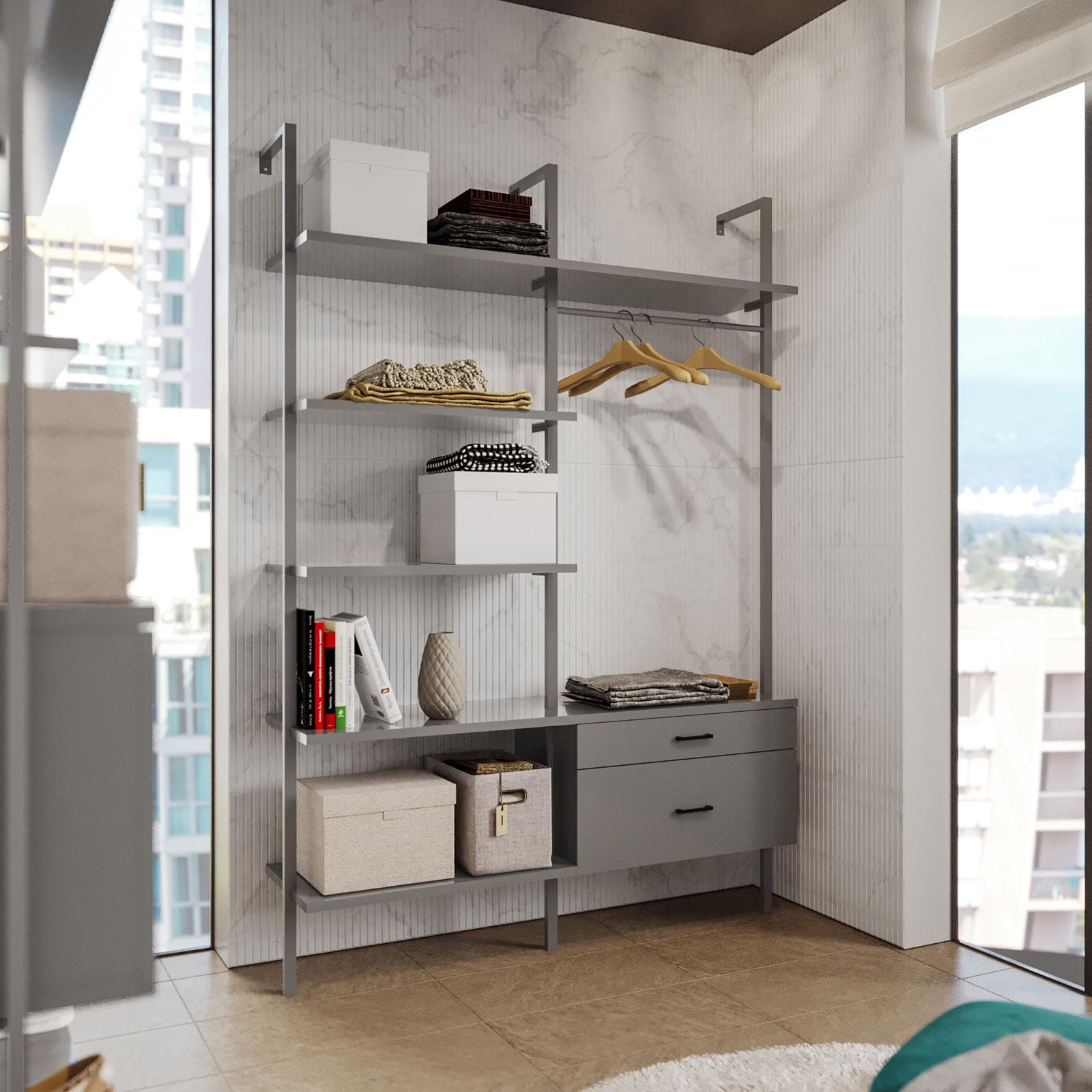 Cabina armadio 149x216h cm con mensole e 2 cassetti con soft close antracite e dettagli nero opaco - Kreativo