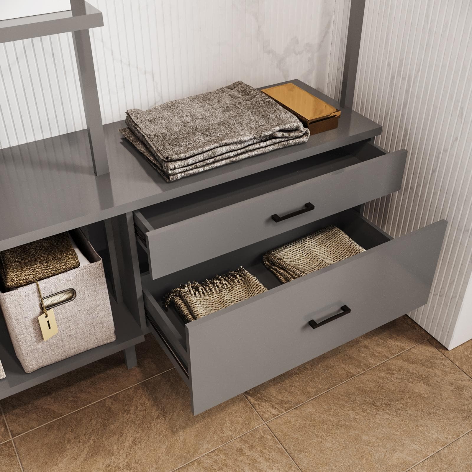 Cabina armadio 149x216h cm con mensole e 2 cassetti con soft close antracite e dettagli nero opaco - Kreativo