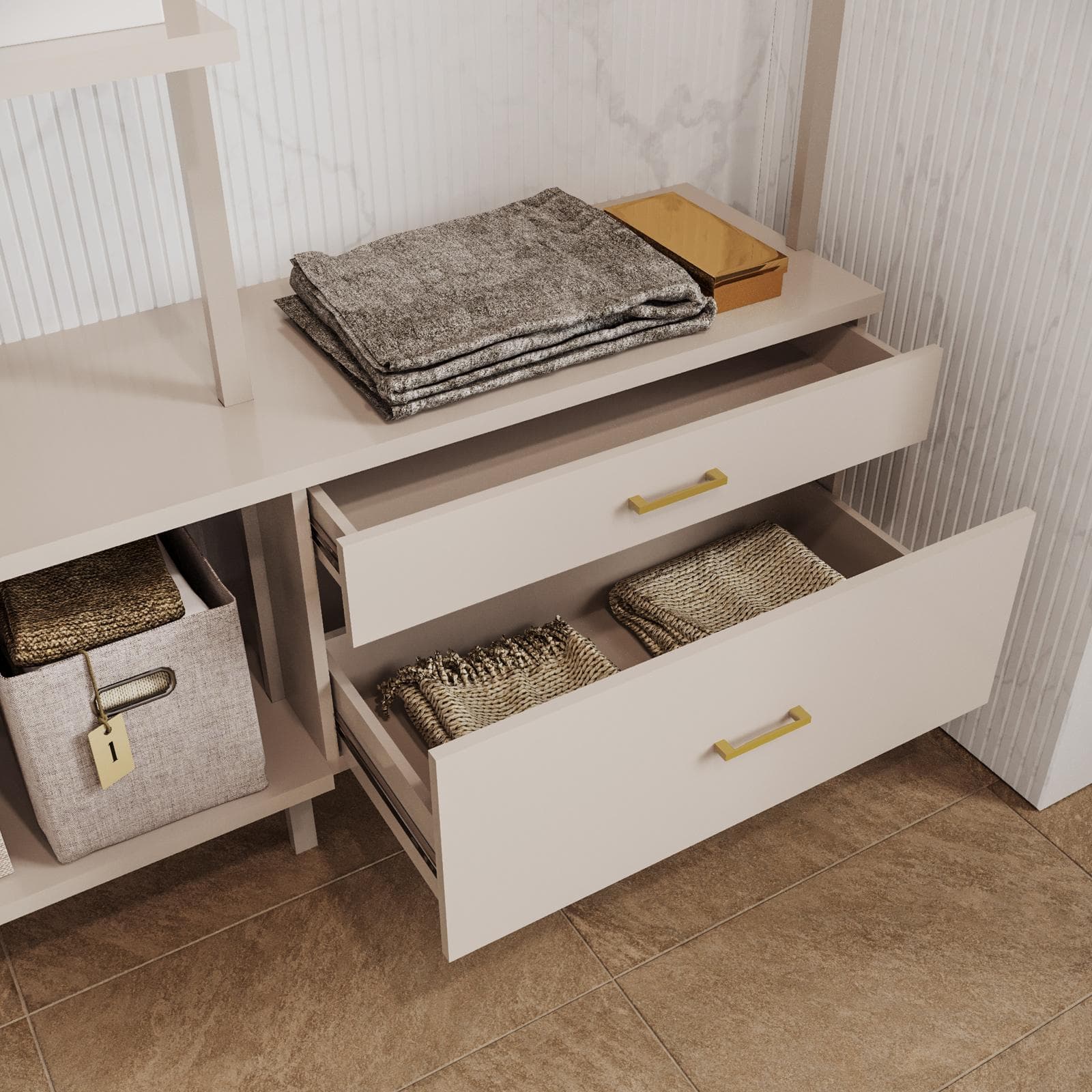 Cabina armadio 149x216h cm con mensole e 2 cassetti con soft close cashmere e dettagli oro opaco - Kreativo