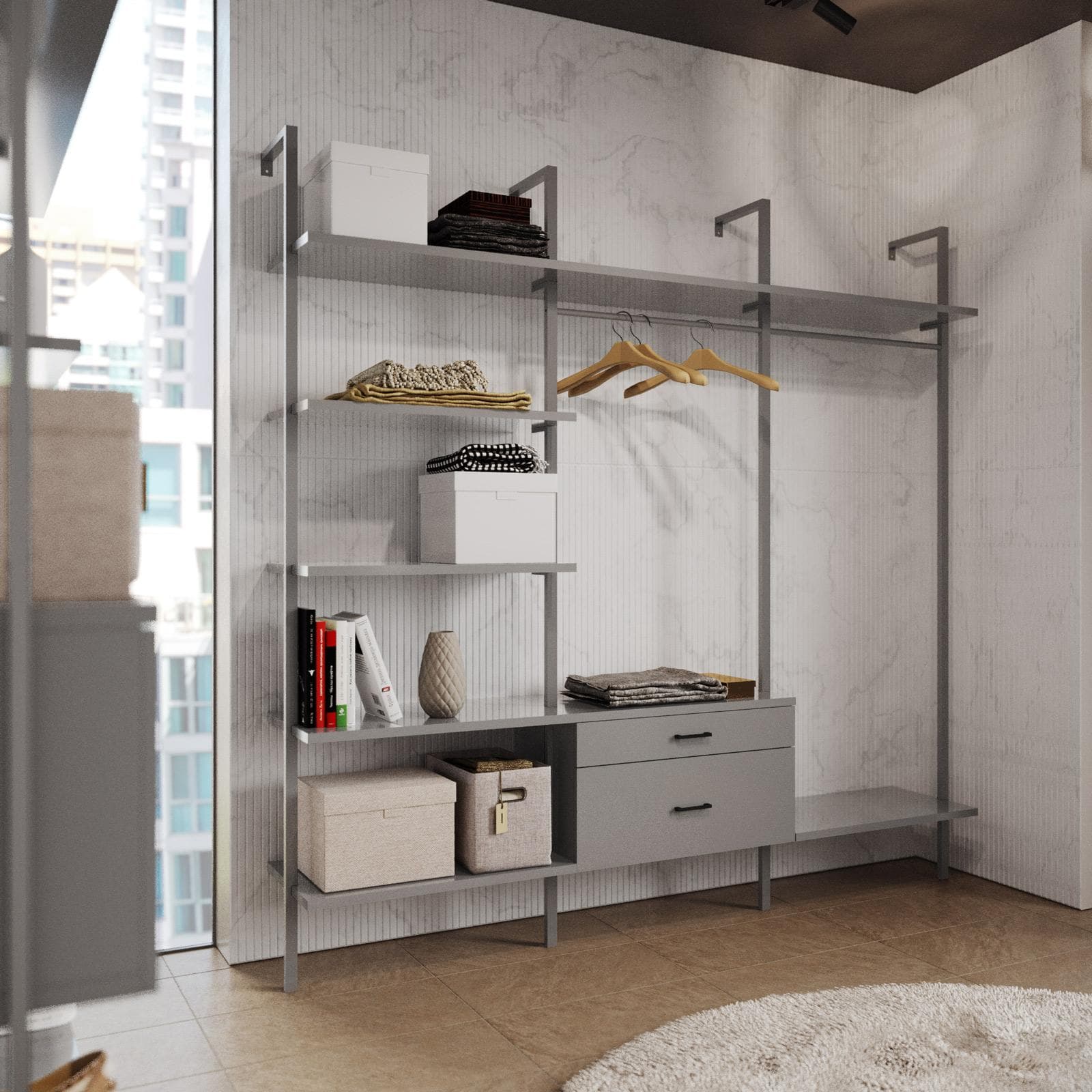 Cabina armadio 222x216h cm con mensole e 2 cassetti con soft close antracite e dettagli nero opaco - Kreativo
