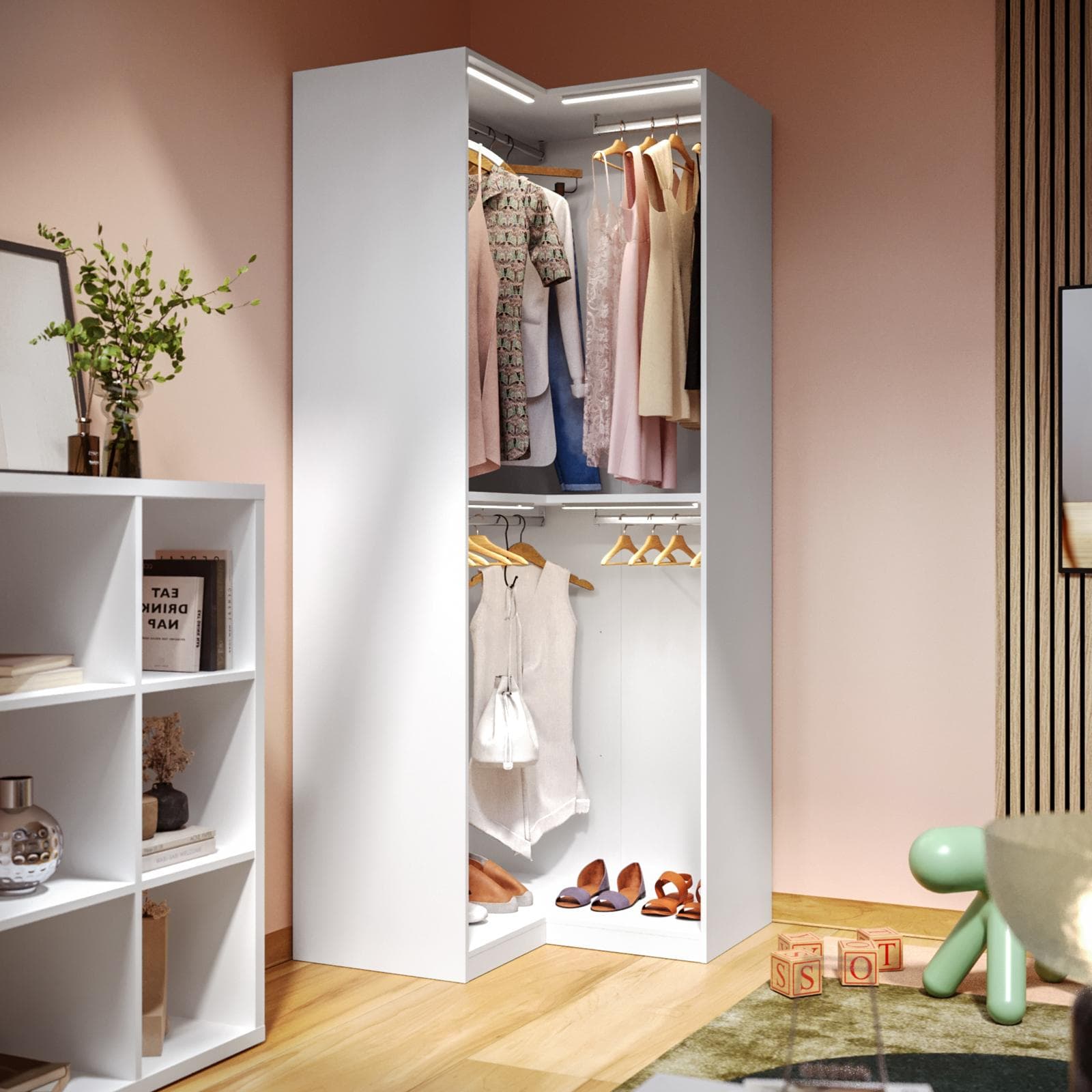 Cabina armadio modulare 102x240h cm bianco ad angolo con ripiani - Carrie