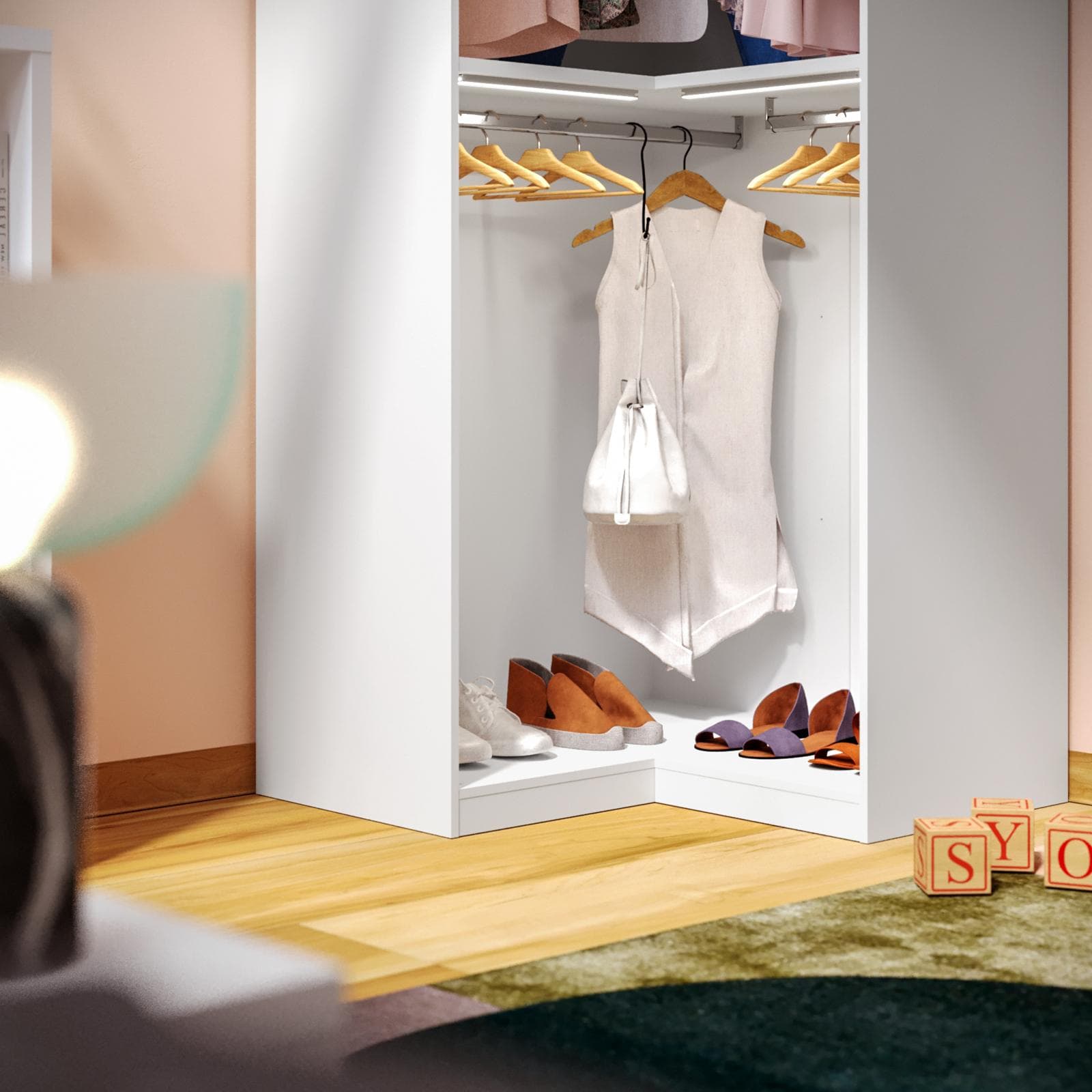 Cabina armadio modulare 102x240h cm bianco ad angolo con ripiani - Carrie