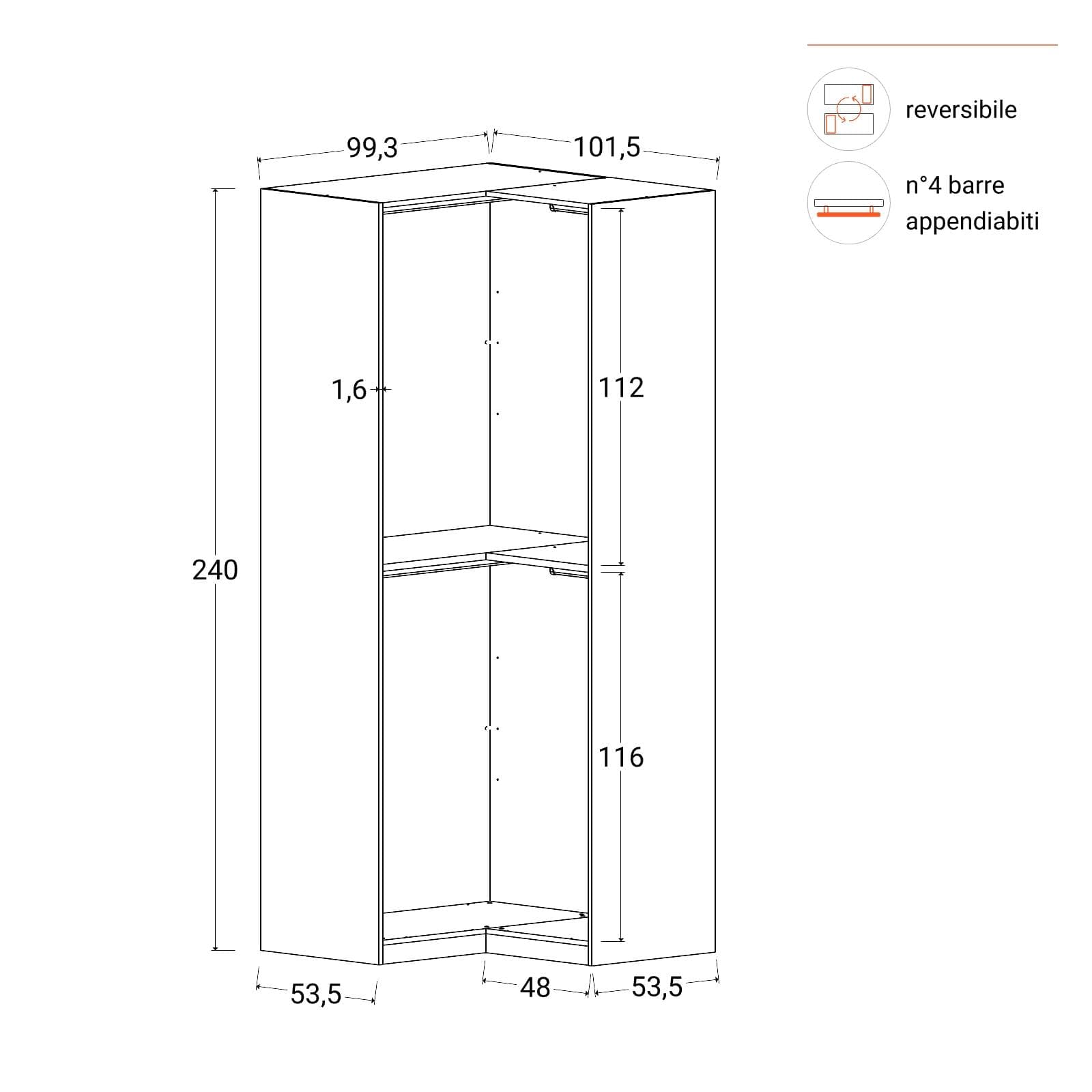 Cabina armadio modulare 102x240h cm bianco ad angolo con ripiani - Carrie