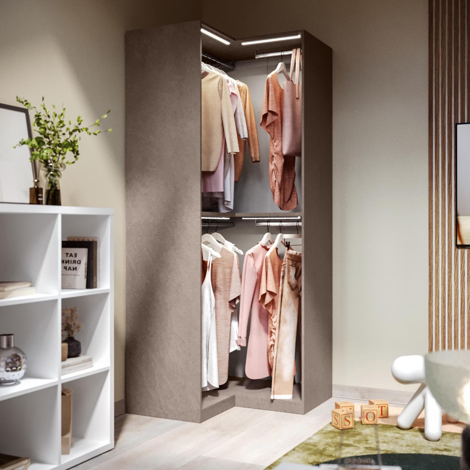 Cabina armadio modulare 102x240h cm bronzo ad angolo con ripiani - Carrie