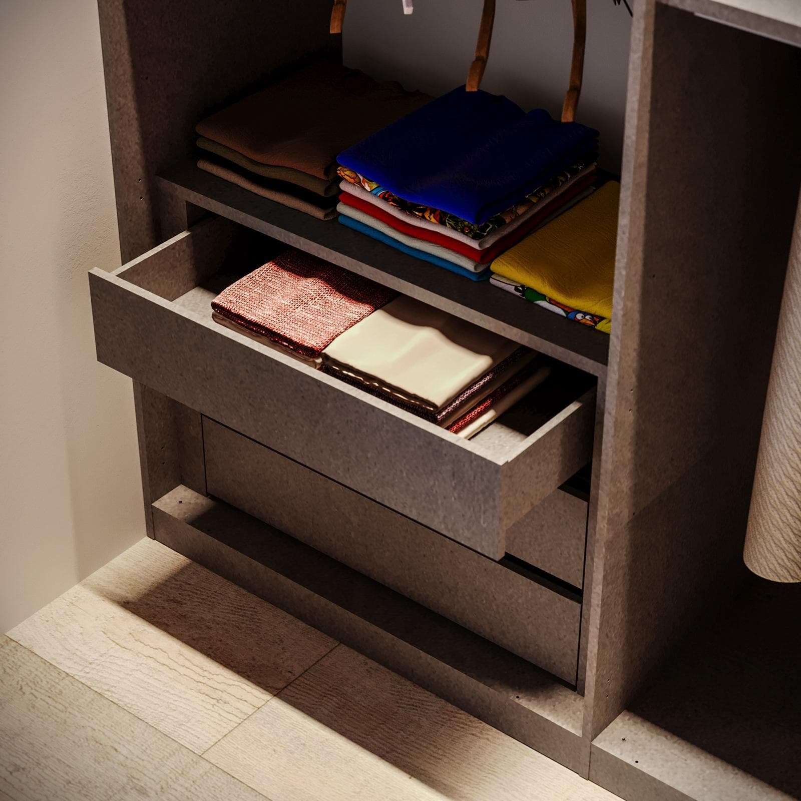 Cabina armadio accessoriata 273x240h cm bronzo con cassettiera e divisorio - Carrie