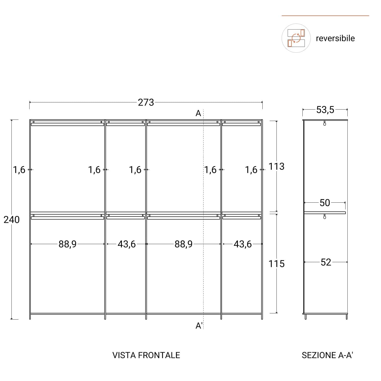 Cabina armadio accessoriata 273x240h cm bronzo con cassettiera e divisorio - Carrie