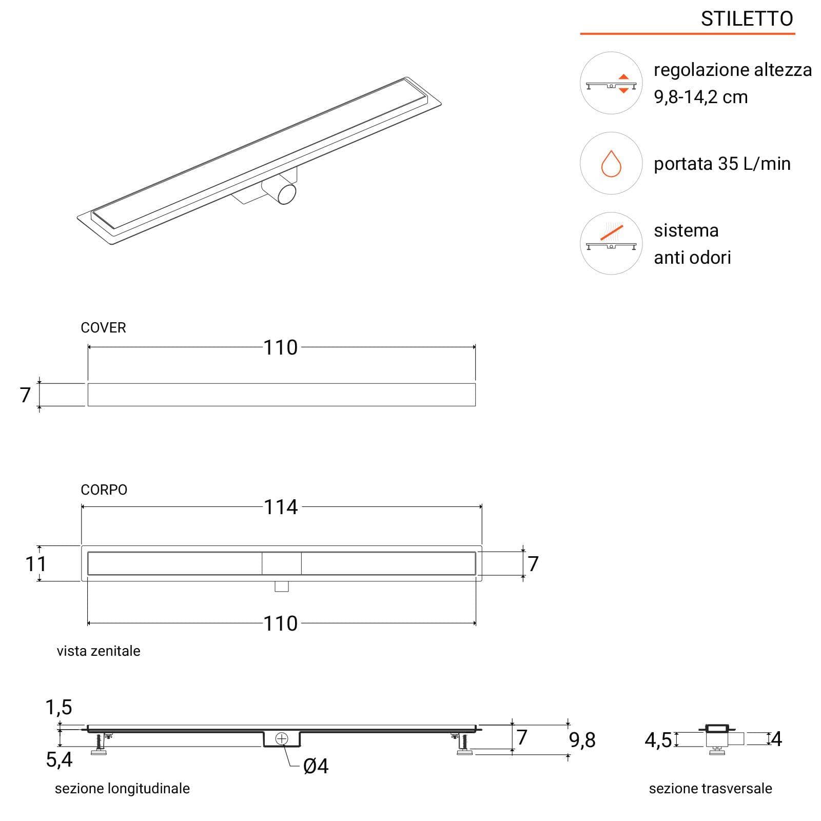 Canalina doccia 110 cm cover in acciaio inox - Stiletto