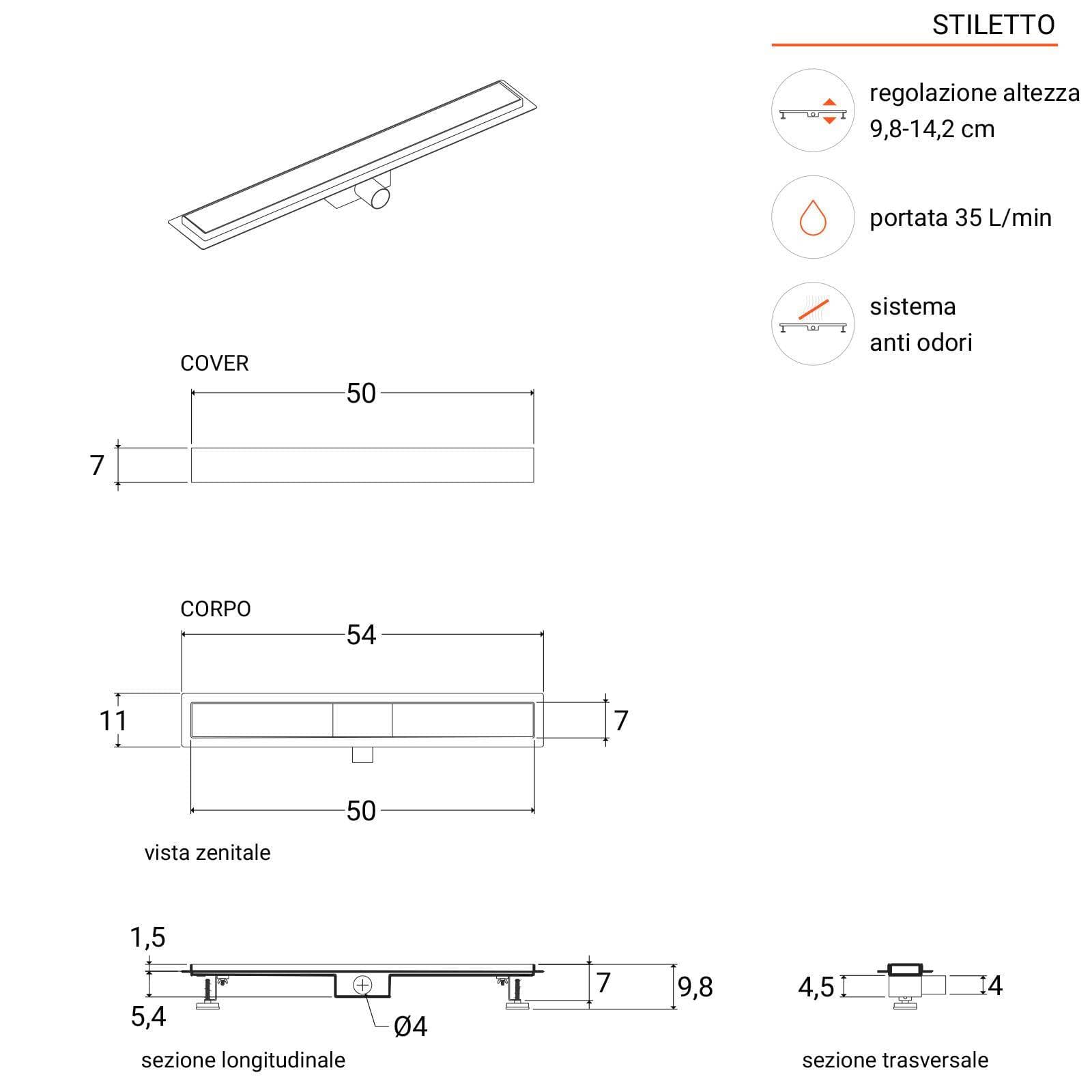 Canalina doccia 50 cm cover in acciaio inox - Stiletto