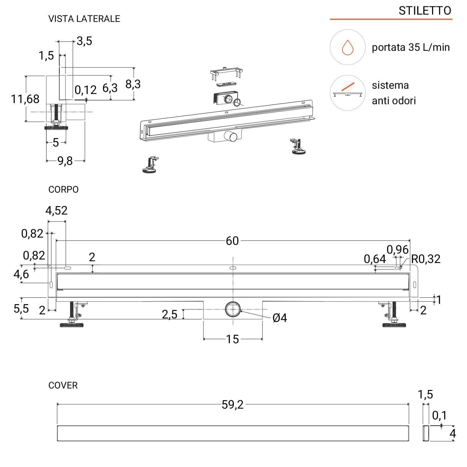 Canalina doccia a parete 60 cm in acciaio inox nero opaco - Stiletto