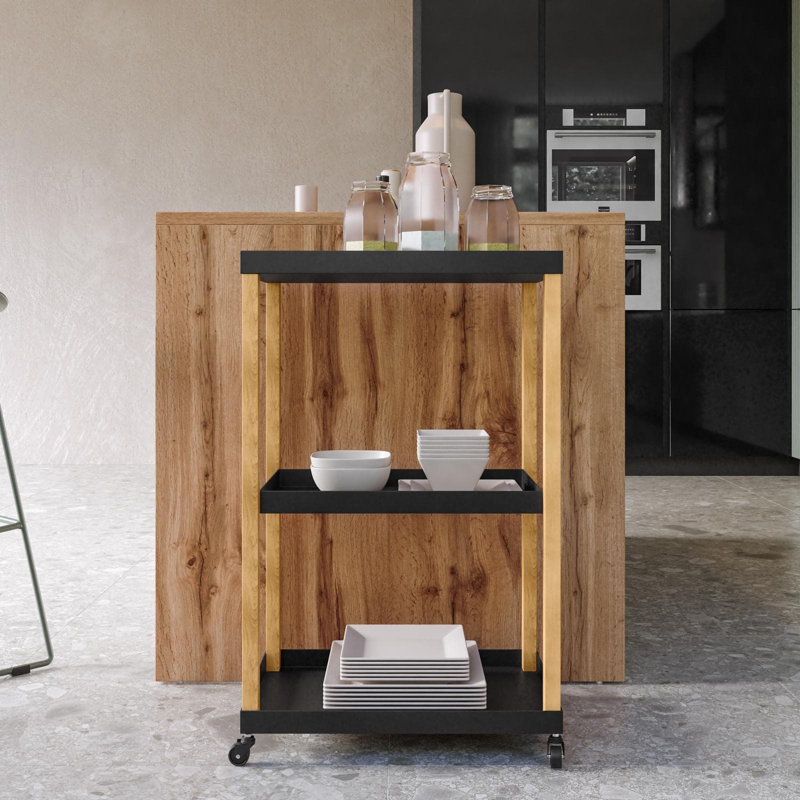 Carrello da cucina 50x79h cm in metallo nero e rovere con 3 ripiani - Gadle