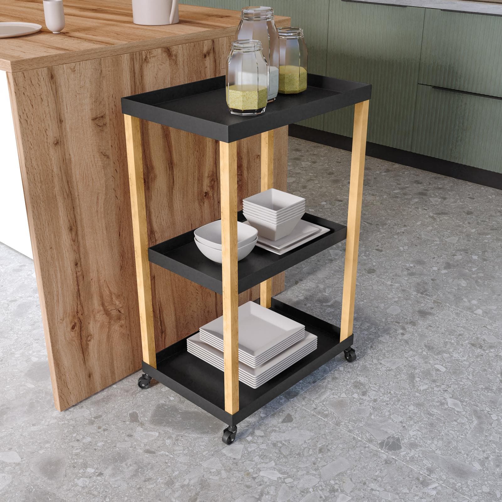 Carrello da cucina 50x79h cm in metallo nero e rovere con 3 ripiani - Gadle