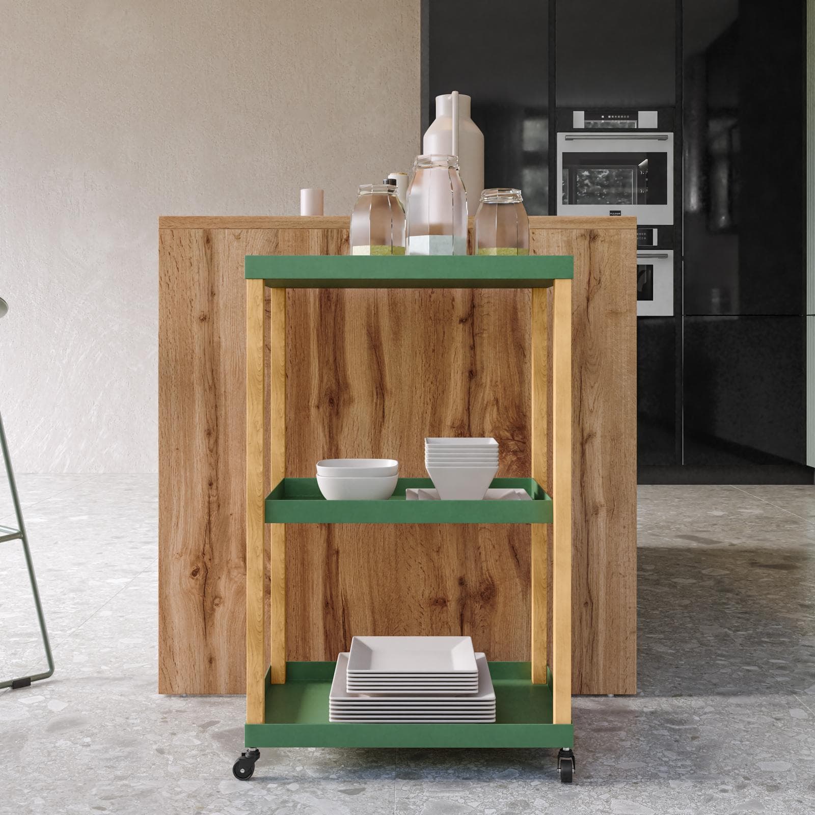 Carrello da cucina 50x79h cm in metallo verde oliva e rovere con 3 ripiani - Gadle