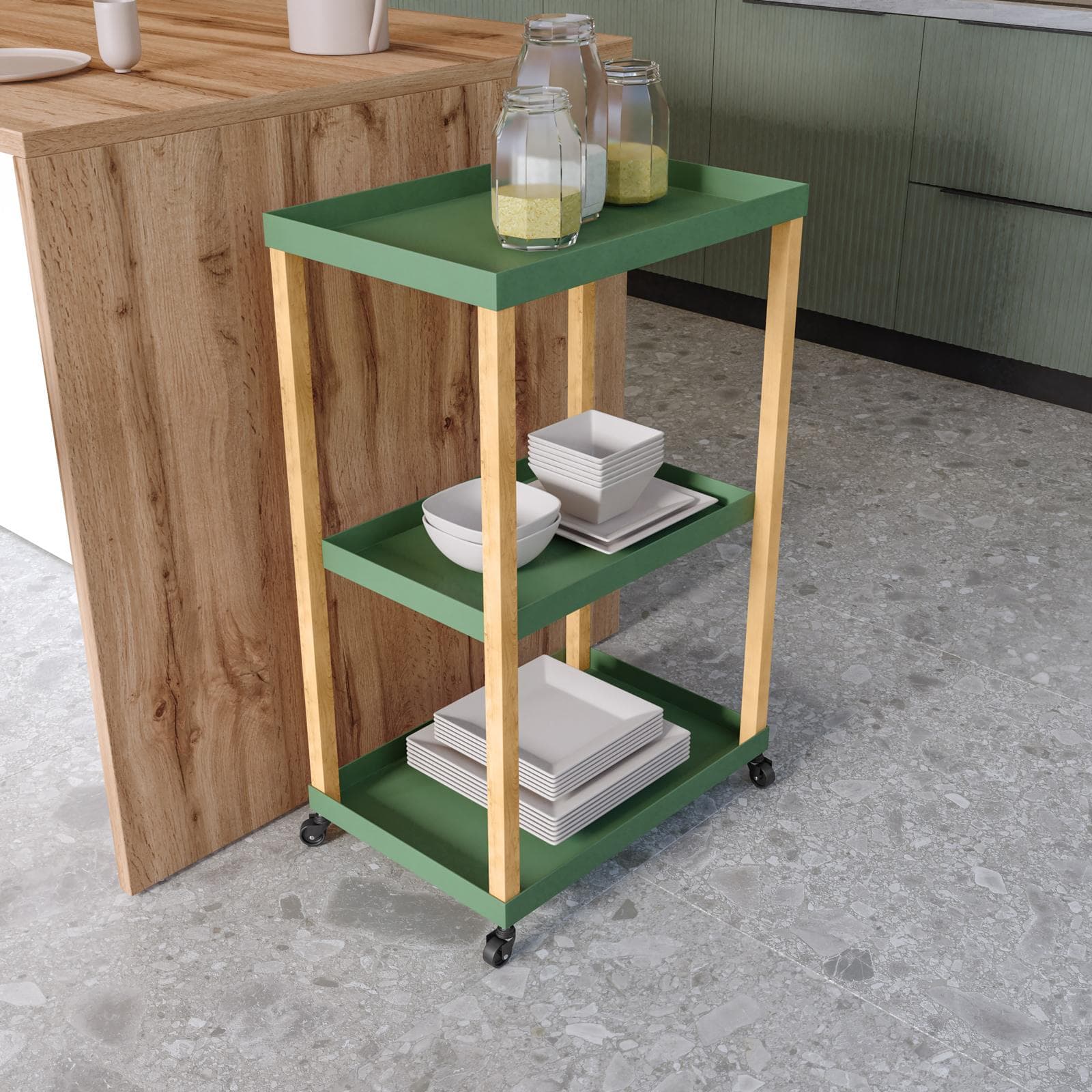 Carrello da cucina 50x79h cm in metallo verde oliva e rovere con 3 ripiani - Gadle