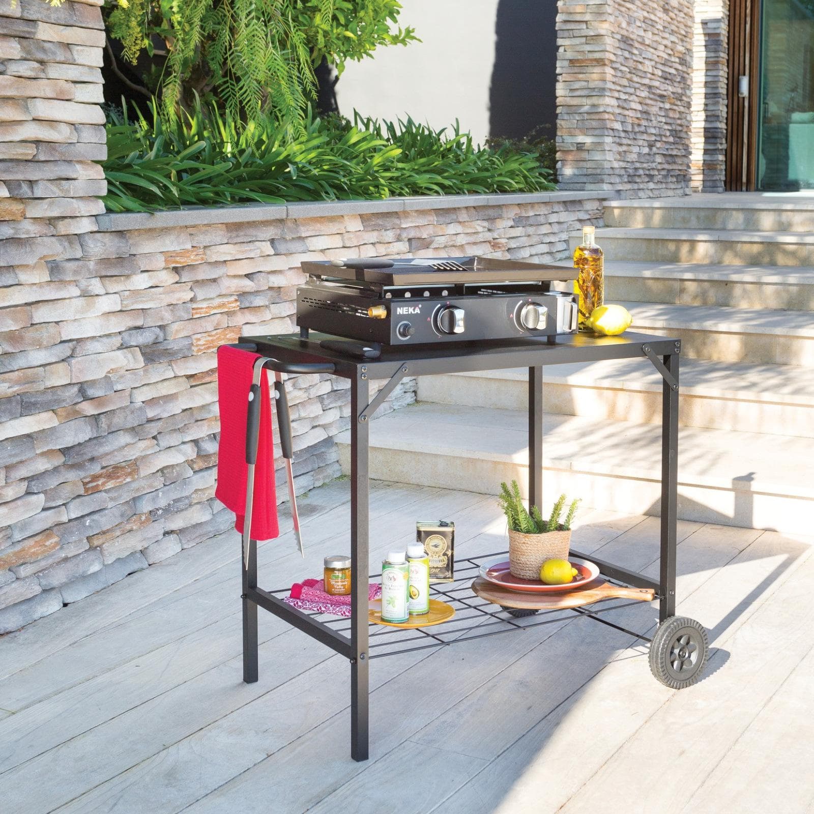 Carrello per plancha 90x58x75 h cm in acciaio nero con ruote e maniglia - Maby