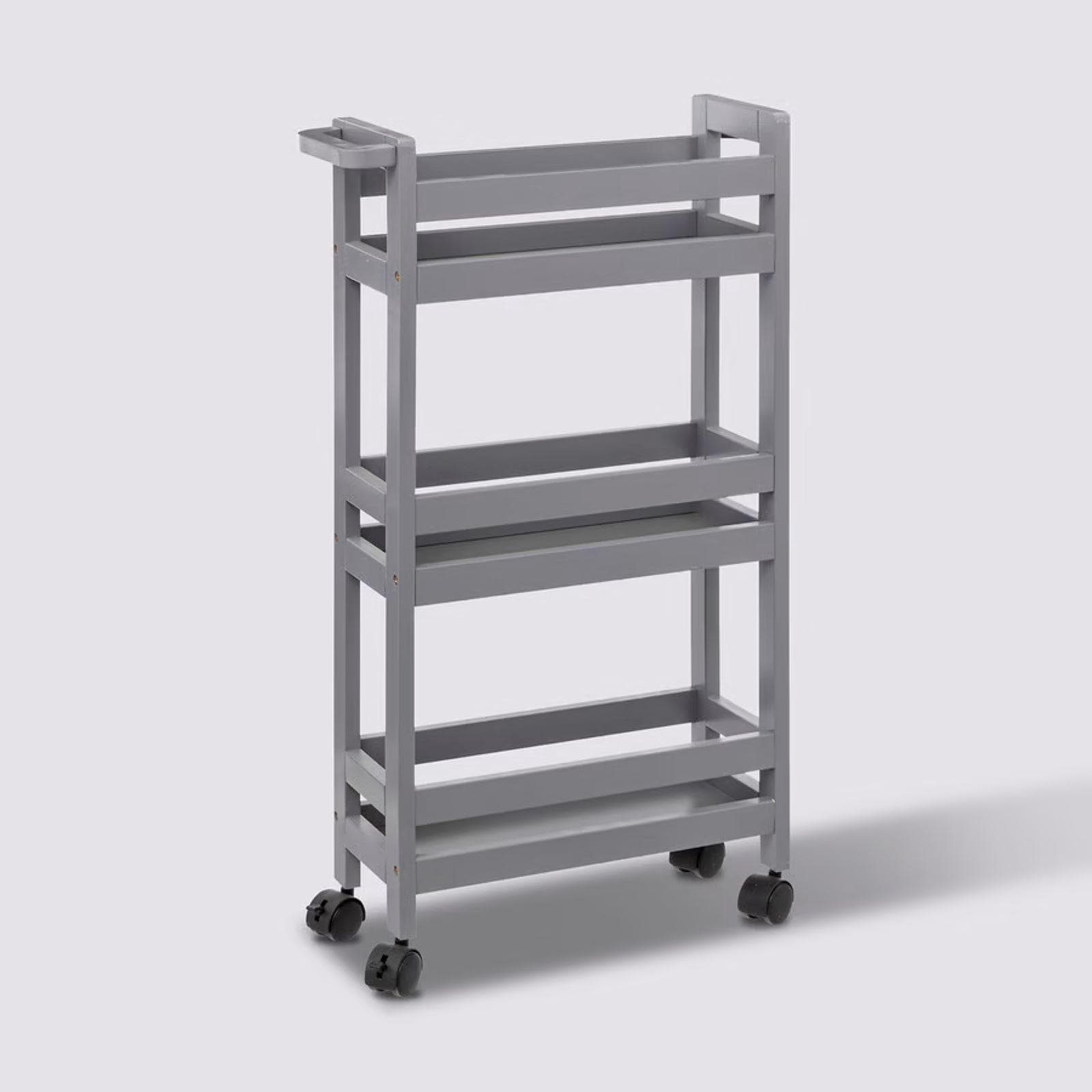 Carrello salvaspazio 75h cm in legno grigio con freni e 3 ripiani - Matilde