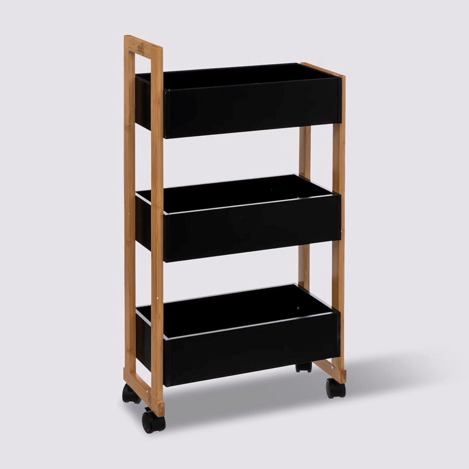 Carrello salvaspazio 80h cm in legno nero e naturale con freni e 3 ripiani - Bilbao