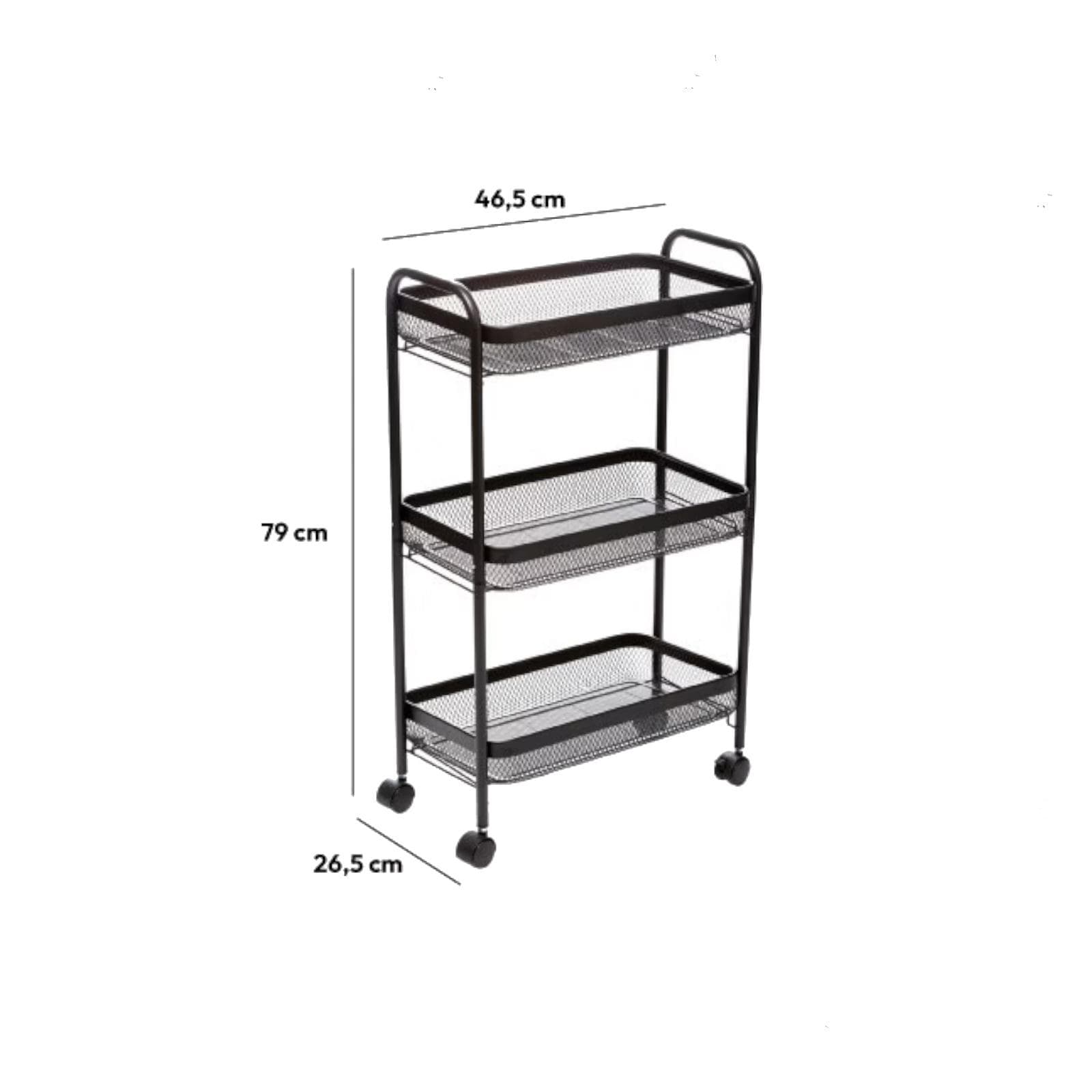 Carrello salvaspazio 46x79h cm con freni a 3 ripiani in metallo nero