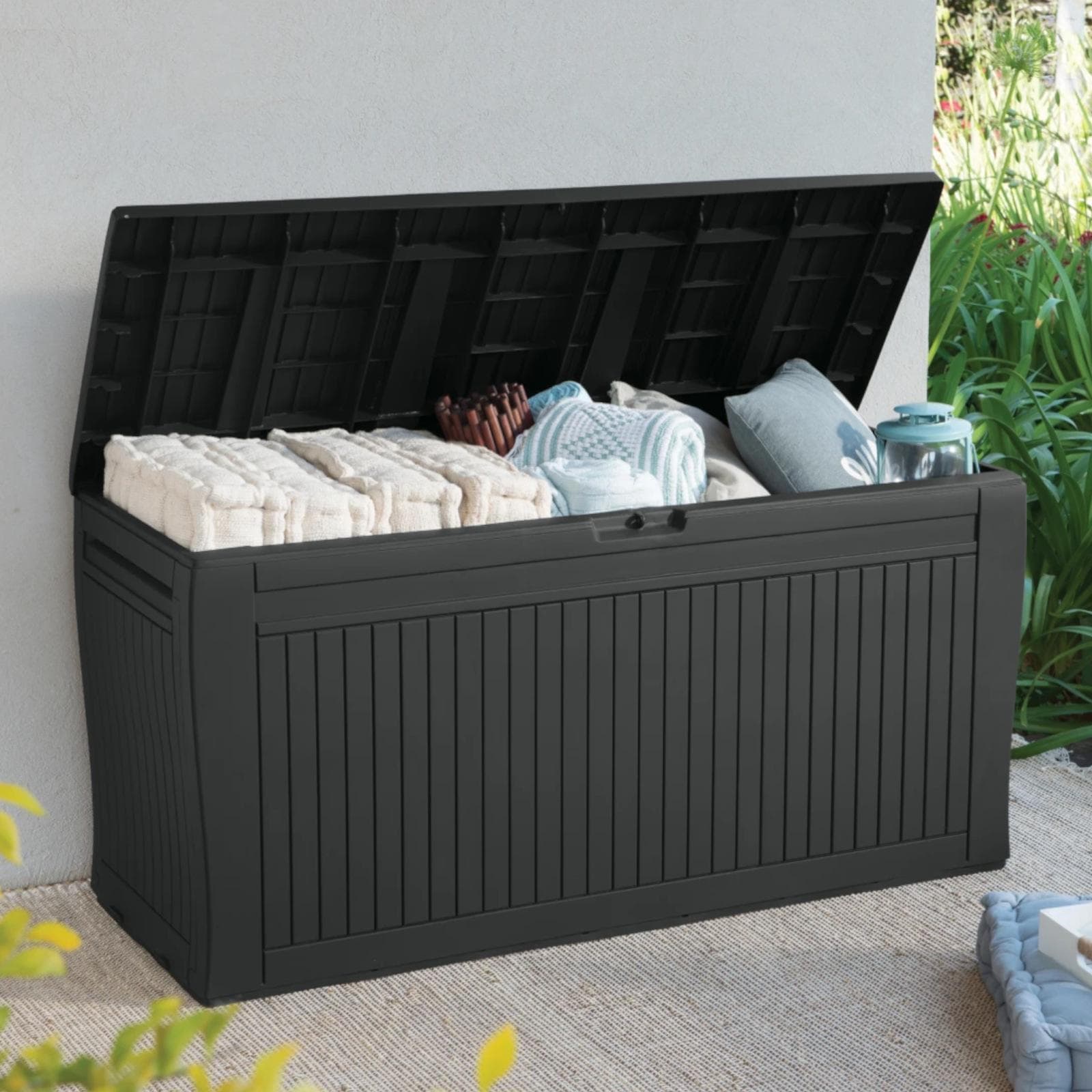 Baule contenitore con ruote 117x45x57h cm in resina effetto legno grafite