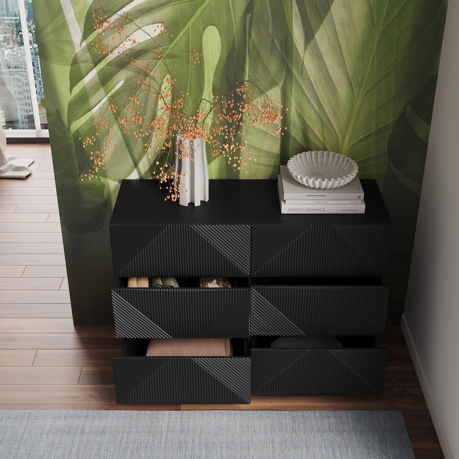 Cassettiera 115x85h cm con 6 cassetti soft close nero opaco cannettato - Ayla