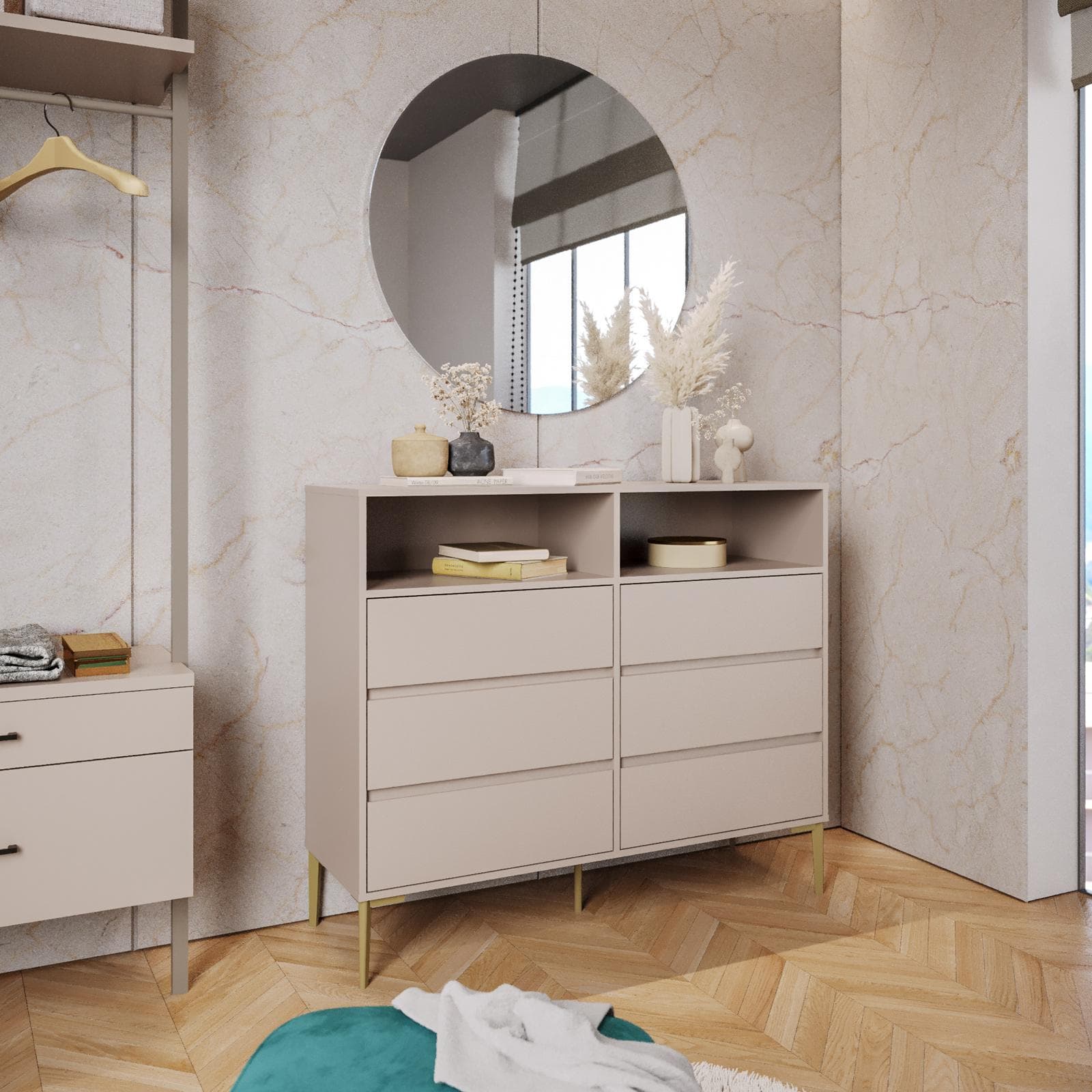 Cassettiera 120x100h cm con 6 cassetti soft close cashmere e piedi oro opaco - Kreativo