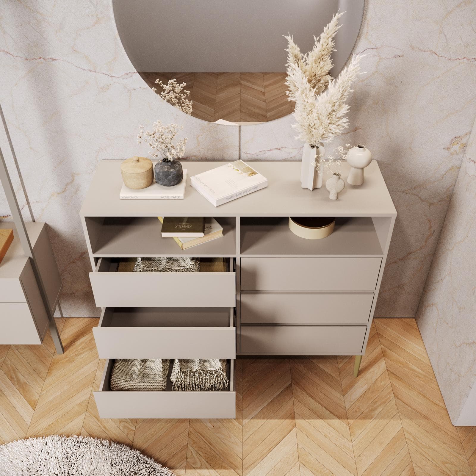 Cassettiera 120x100h cm con 6 cassetti soft close cashmere e piedi oro opaco - Kreativo