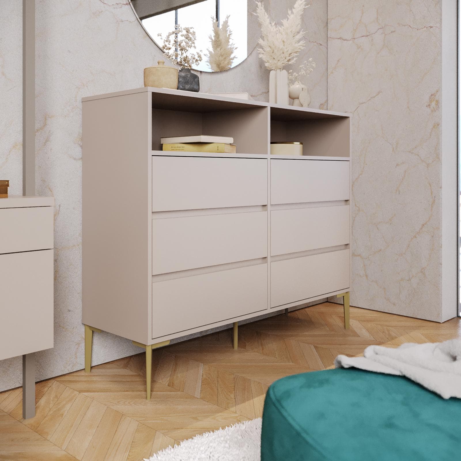 Cassettiera 120x100h cm con 6 cassetti soft close cashmere e piedi oro opaco - Kreativo