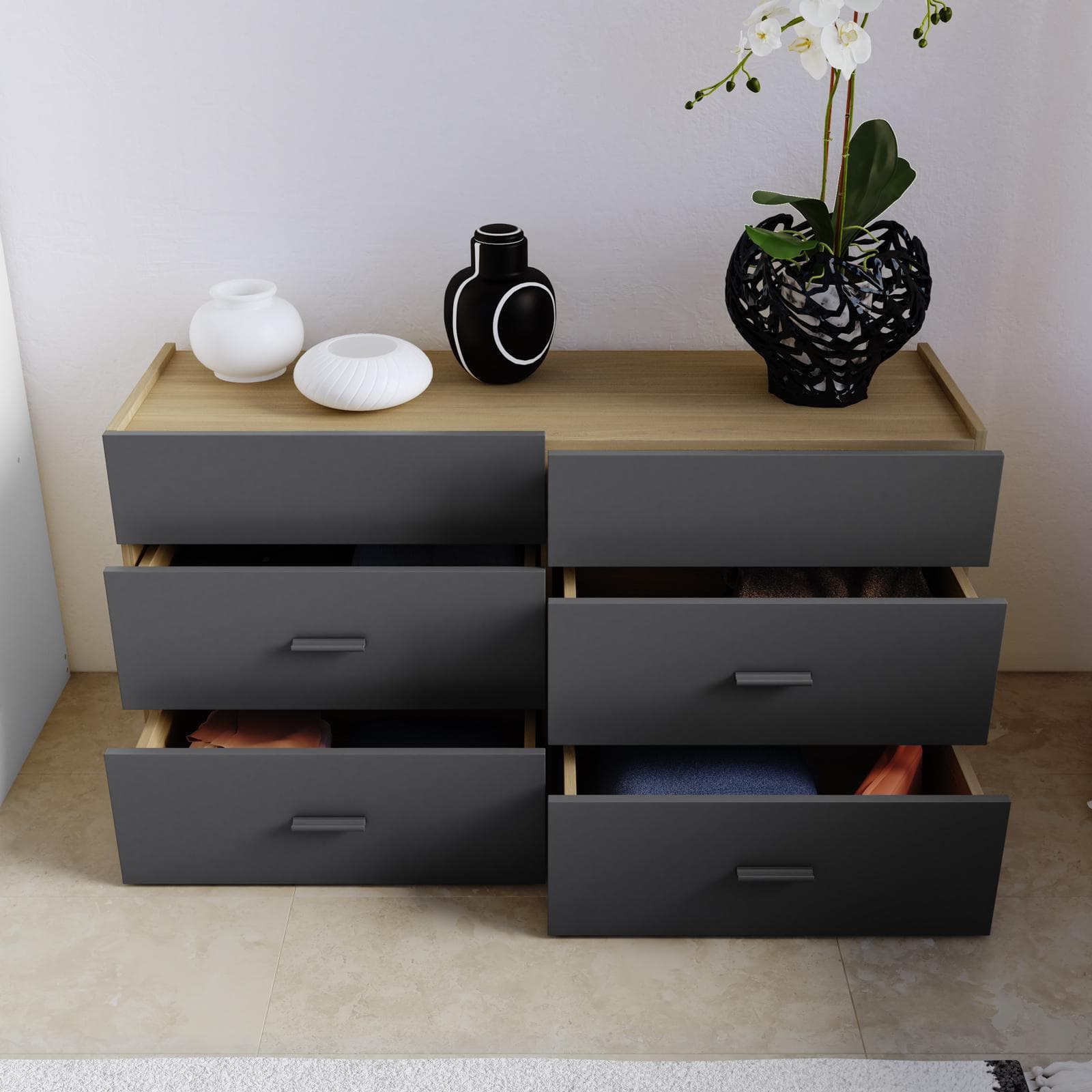 Cassettiera 120x62h cm con 6 cassetti antracite e rovere - Axel