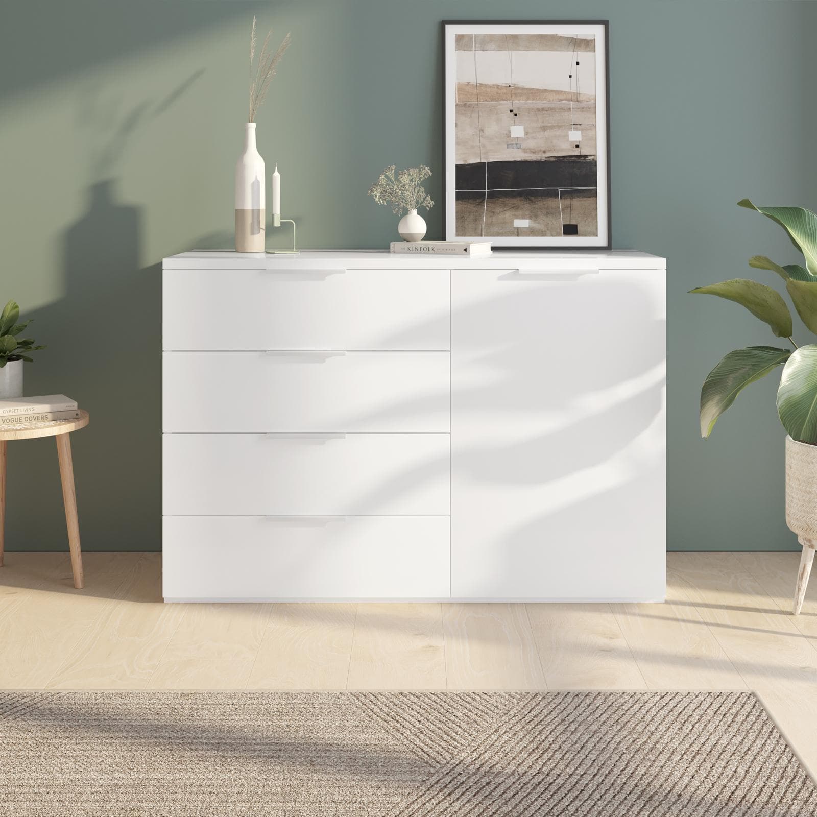 Cassettiera 120x83h cm con quattro cassetti e un'anta bianco lucido - Boras night