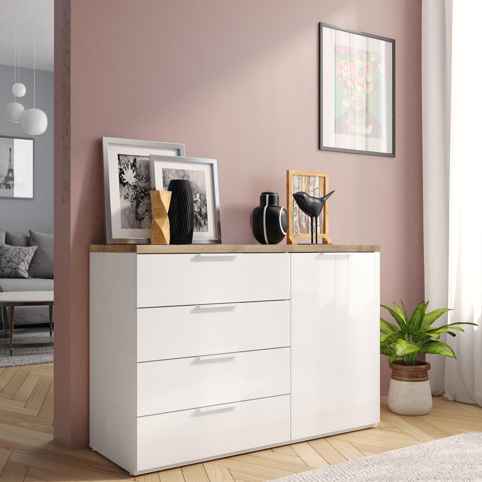 Cassettiera 120x82h cm in legno bianco lucido con 4 cassetti - Boras night
