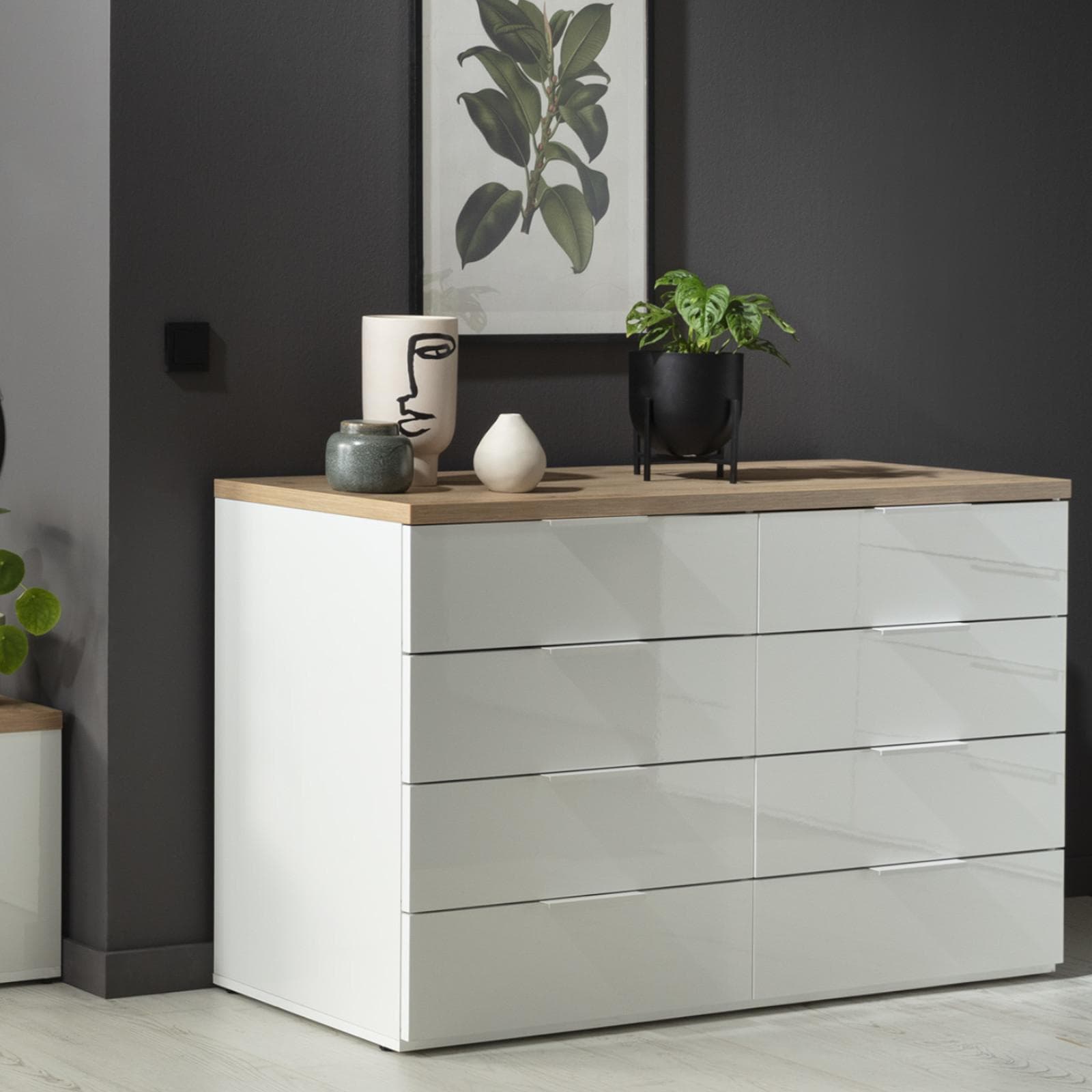 Cassettiera 136x83h cm in legno bianco lucido e rovere artisan - Boras night