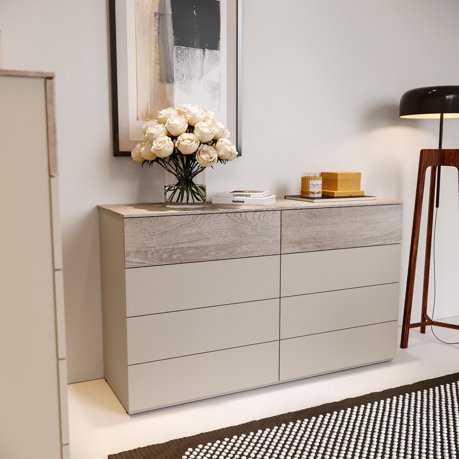 Cassettiera 137x81h cm cashmere opaco e rovere gessato con 8 cassetti - Noiba