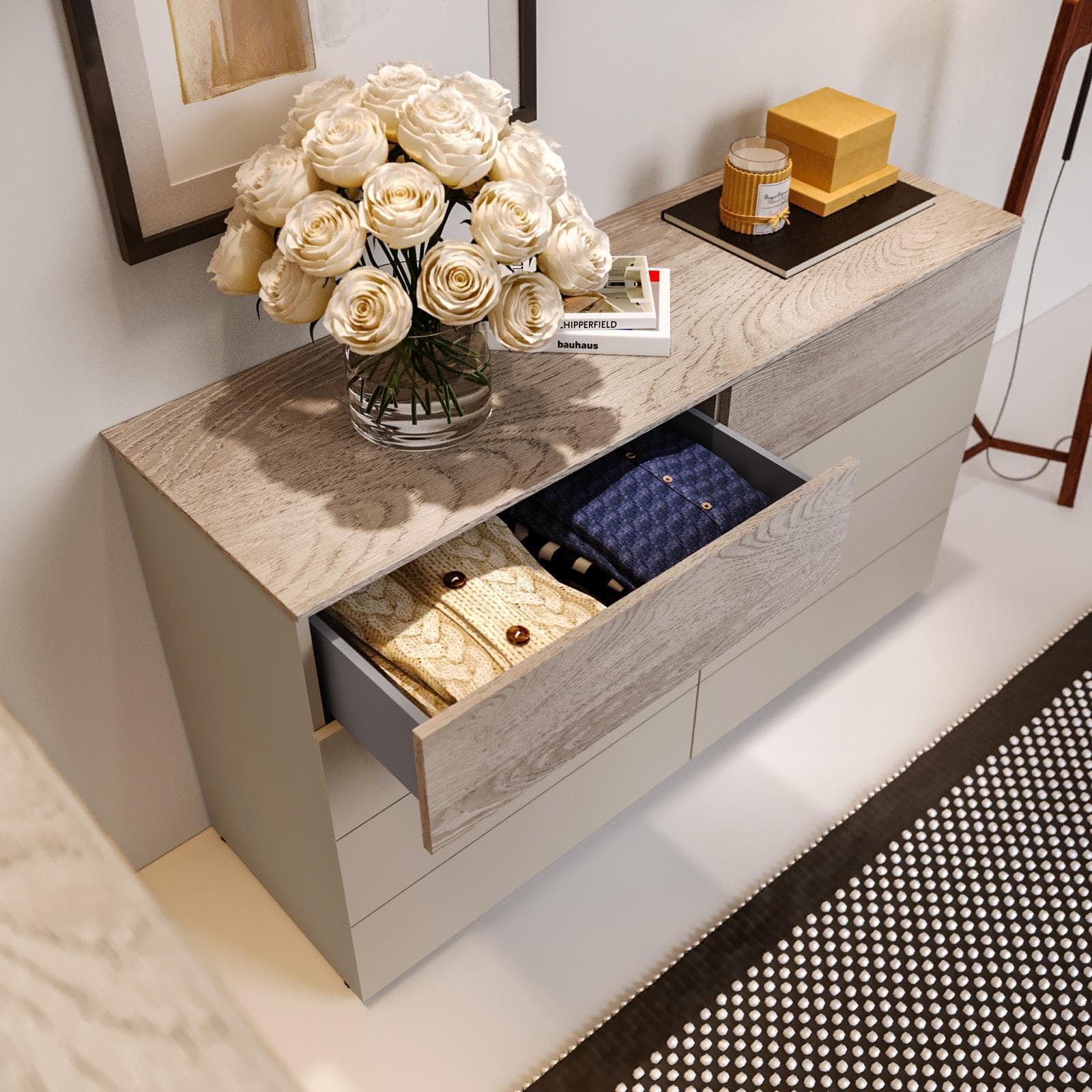 Cassettiera 137x81h cm cashmere opaco e rovere gessato con 8 cassetti - Noiba