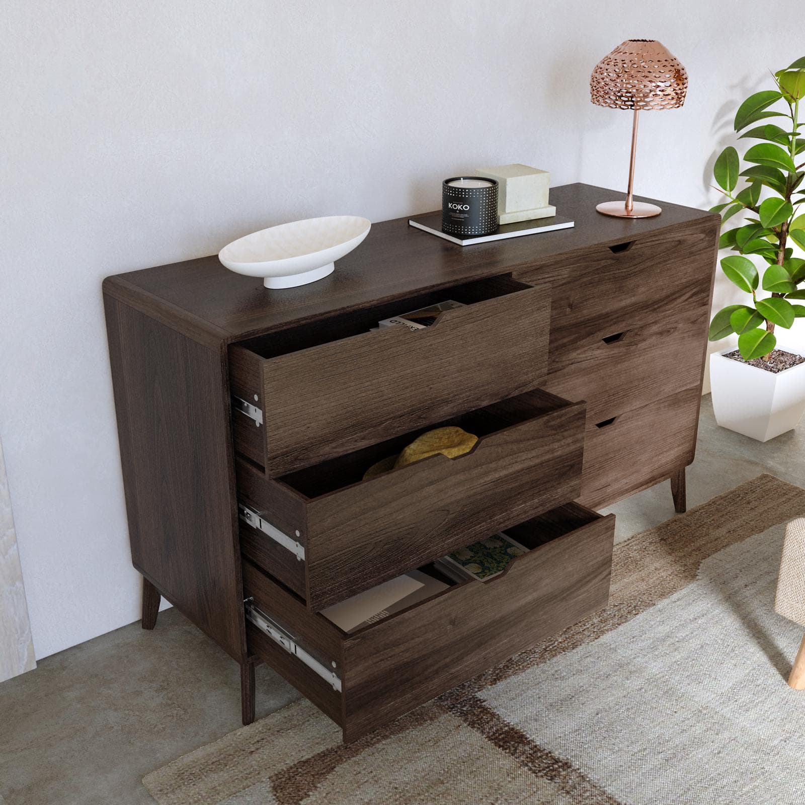 Cassettiera 140x82h cm in legno rovere kover con 6 cassetti - Ember