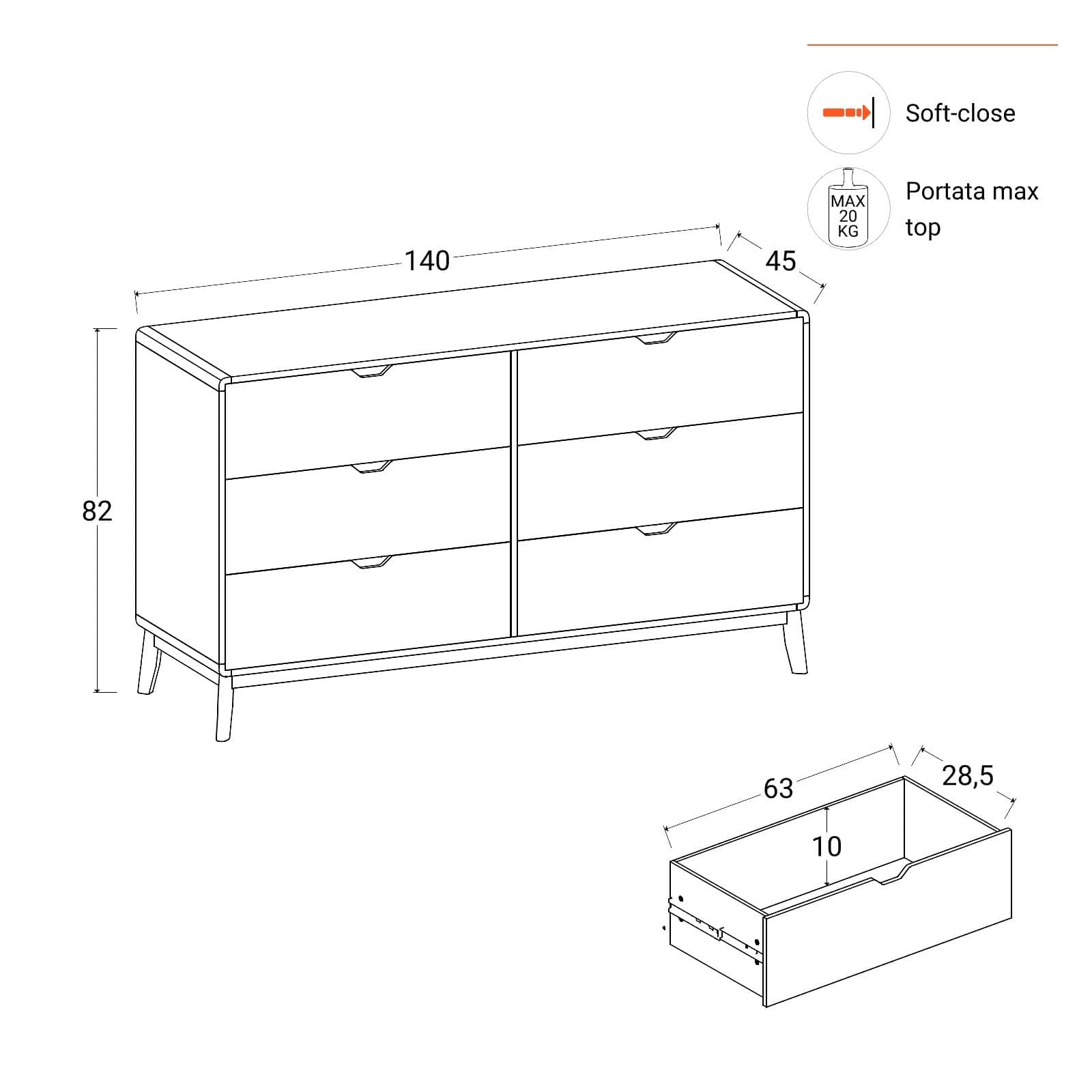 Cassettiera 140x82h cm in legno rovere kover con 6 cassetti - Ember