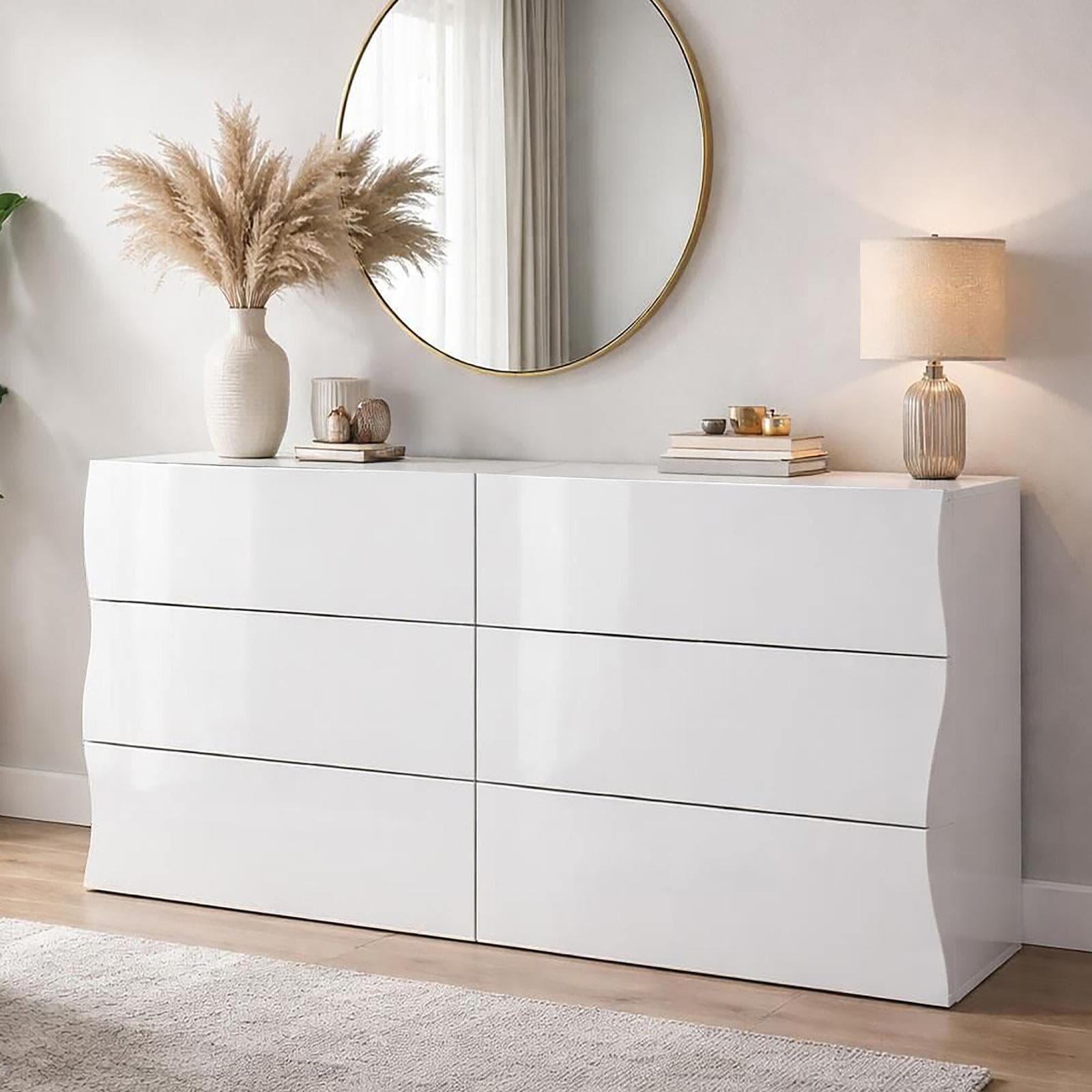 Cassettiera 155x81,5h cm con 6 cassetti in legno bianco lucido - Moss